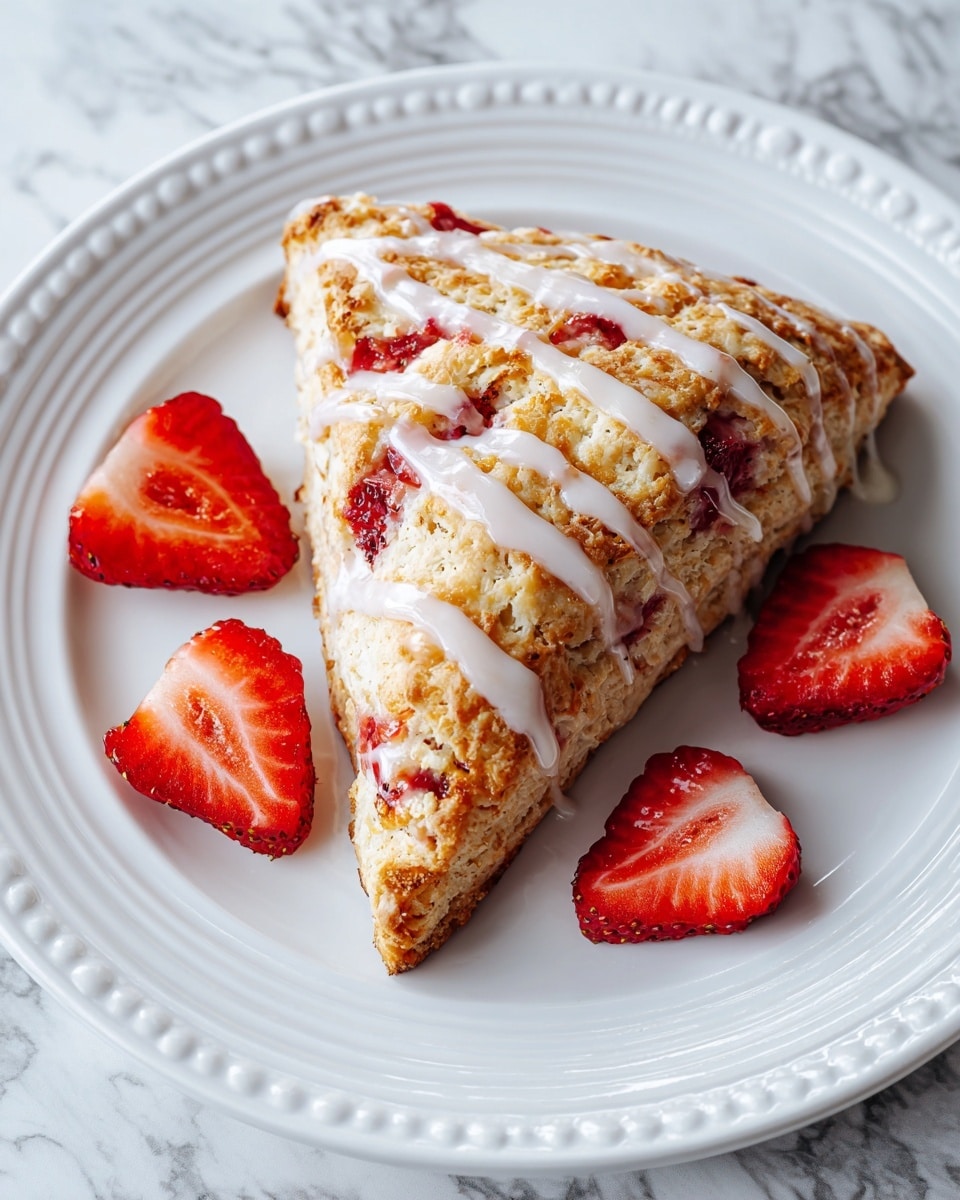 A white plate with a detailed edge holds a triangular scone with a golden brown crust. The scone has visible red strawberry pieces inside and is topped with a smooth white glaze that flows over its surface. Three sliced fresh strawberries sit beside the scone on the plate. The background is a white marbled texture. photo taken with an iphone --ar 4:5 --v 7
