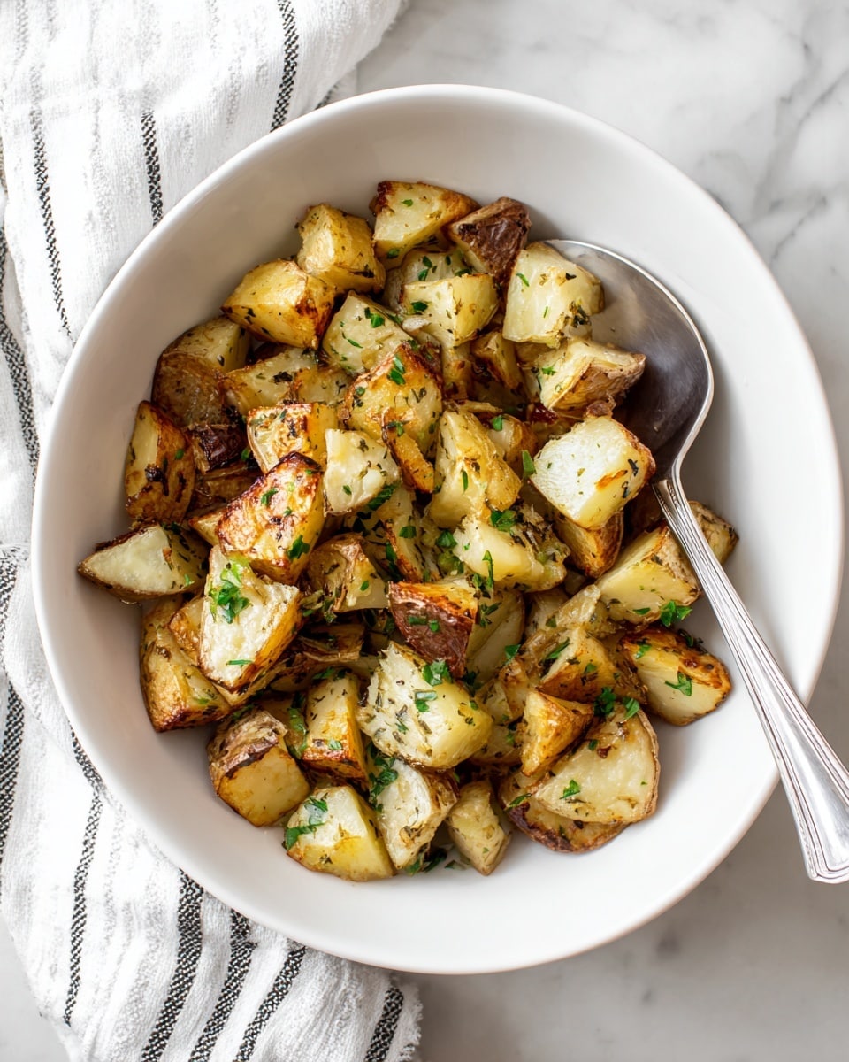 The image shows a white plate with roasted potato cubes that have a mix of golden brown edges and soft white centers. Some potato pieces still have red skin on one side, adding a reddish-brown touch to the colors. Fresh green herbs are sprinkled evenly over the potatoes, adding a fresh look. The plate sits on a white marbled surface, and a metal spoon is placed inside the right side of the plate. Photo taken with an iphone --ar 4:5 --v 7