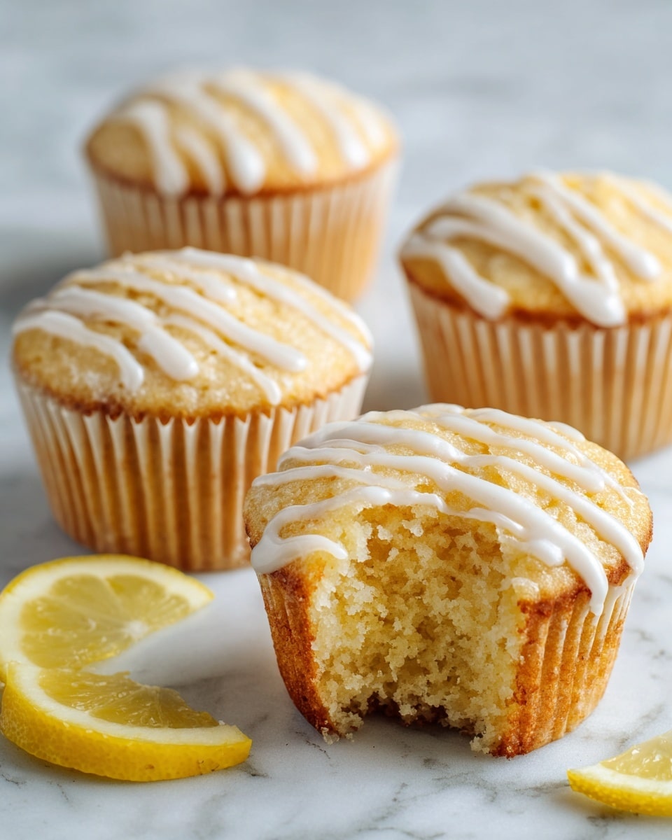 The image shows several light yellow muffins with a crumbly texture, each placed in a pale beige paper liner. The muffins have a white drizzle of icing on top in a zigzag pattern. One muffin in the front has a big bite taken out, revealing a soft and moist inside. Around the muffins, there are a few lemon slices with a bright yellow rind and translucent pale yellow flesh. The muffins and lemon slices rest on a white marbled surface, giving a clean, fresh look. Photo taken with an iphone --ar 4:5 --v 7