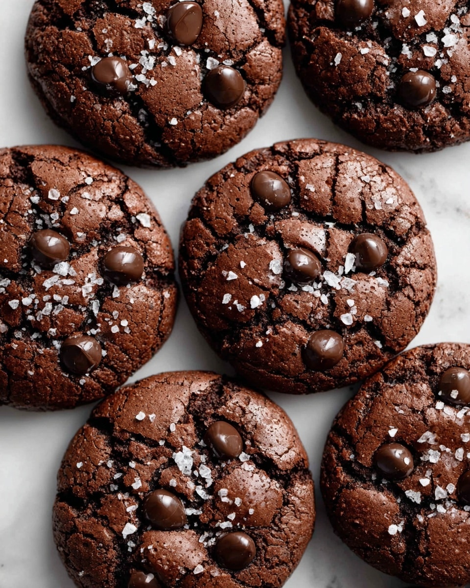 The image shows a group of round chocolate cookies closely placed on a white marbled surface. Each cookie has a rich brown color with a slightly cracked texture on top, revealing the soft inside. There are several dark chocolate chips embedded across the surface of each cookie, some slightly melted, giving a shiny appearance. Scattered lightly on the cookies are small pieces of coarse white sea salt, creating a contrast against the dark brown. The cookies overlap slightly, showing their thin and even thickness. photo taken with an iphone --ar 4:5 --v 7