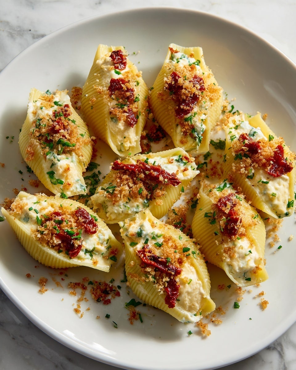 A white plate holds two rows of large pasta shells stuffed with a creamy white cheese filling. Each shell is topped with a layer of browned, slightly crispy melted cheese with red tomato sauce spots and sprinkled with green herbs and some grated white cheese. The plate sits on a white marbled surface with natural light coming from the side, highlighting the textures and colors of the dish. photo taken with an iphone --ar 4:5 --v 7