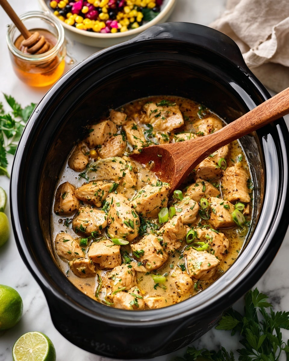 The image shows a black slow cooker filled with small beige and light brown chicken pieces coated in a shiny golden sauce, mixed with small green onion slices and fresh green parsley leaves scattered on top. A wooden spoon with a smooth brown texture is in the cooker, lifting some chicken pieces. Around the cooker, a white marbled surface is visible with a few parsley leaves outside and a bowl of mixed yellow corn, green edamame, and white cheese on the upper left side, plus a halved lime and a small honey jar on the upper right side. photo taken with an iphone --ar 4:5 --v 7