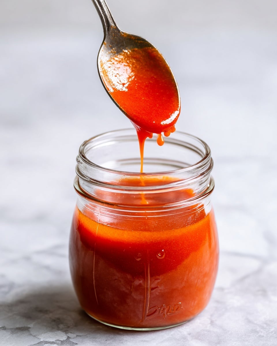 A clear glass jar filled about halfway with bright red-orange sauce that has a smooth, slightly thick texture. A silver spoon above the jar drips the sauce slowly back into the jar, showing small drops falling. The jar and spoon are set on a surface with a white marbled texture, and the background is plain and softly lit with white. The jar has measurement markings visible on its side, adding detail to the scene. The photo taken with an iphone --ar 4:5 --v 7