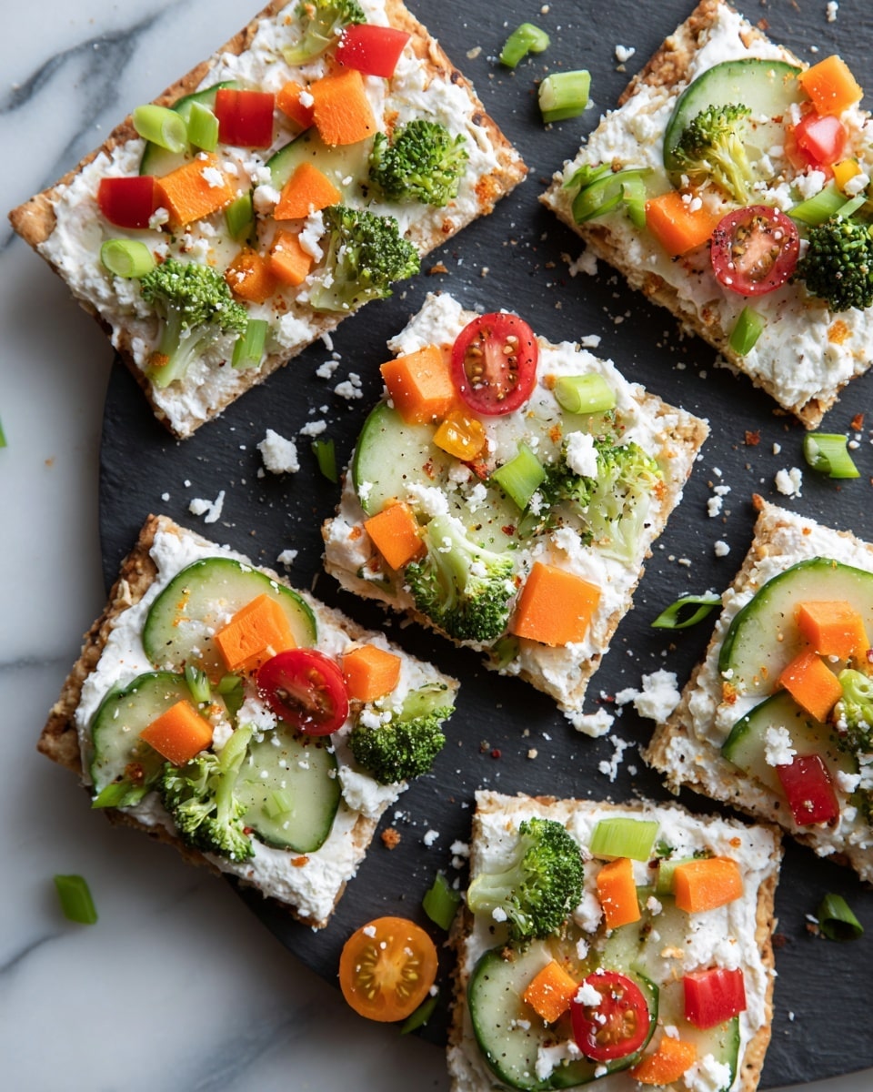 The image shows square slices of a flat dish arranged on a plate with a white marbled surface underneath. Each slice has a base layer of a light-colored crust, topped with a thick white creamy layer. On top, there are small pieces of green broccoli, orange shredded carrots, green cucumber slices, halved red cherry tomatoes, small red and yellow bell pepper chunks, and finely chopped green onions, all spread evenly but randomly. The colors are bright and fresh, with a mix of textures from soft creamy base to crisp vegetables. photo taken with an iphone --ar 4:5 --v 7