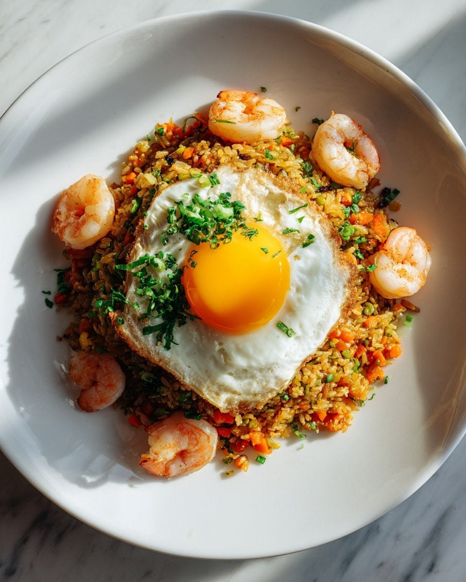 A white plate holds a bed of fried rice mixed with small orange carrot pieces, green herbs, and black bits of seaweed or mushroom. Scattered on top and around the rice are pink cooked shrimp with visible stripes. Sitting in the center of the rice is a sunny-side-up egg with a bright yellow yolk and slightly crispy white edges, sprinkled with chopped green herbs. The plate rests on a white marbled surface with soft natural light coming from the side. photo taken with an iphone --ar 4:5 --v 7