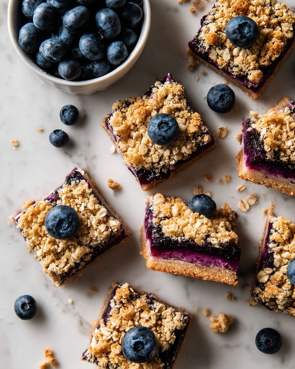 The image shows square blueberry crumble bars arranged closely on a white marbled surface. Each bar has three visible layers: the bottom crust is a light golden brown, the middle is a deep purple-blue blueberry filling that looks thick and juicy, and the top is a crumbly layer with oat pieces and golden brown crumbs. A few bars are topped with a single fresh dark blue blueberry. To the top left corner, there is a white bowl filled with plump fresh blueberries, and a few blueberries are scattered around the bars. Photo taken with an iphone --ar 4:5 --v 7