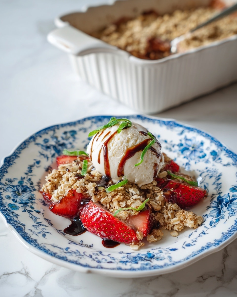 A white plate with blue floral patterns holds a dessert with three main layers. The bottom layer is a soft, bright red fruit base with visible pieces of fruit. Above it is a crumbly, light brown oat topping with coarse texture. On top of the crumble, a rounded scoop of white ice cream is placed, drizzled with a dark brown sauce flowing down the sides. Fresh green leaves are sprinkled over the ice cream and oat crumble, adding a burst of color. In the background, a white ceramic dish holds the same dessert. The scene is set on a white marbled surface. Photo taken with an iphone --ar 4:5 --v 7