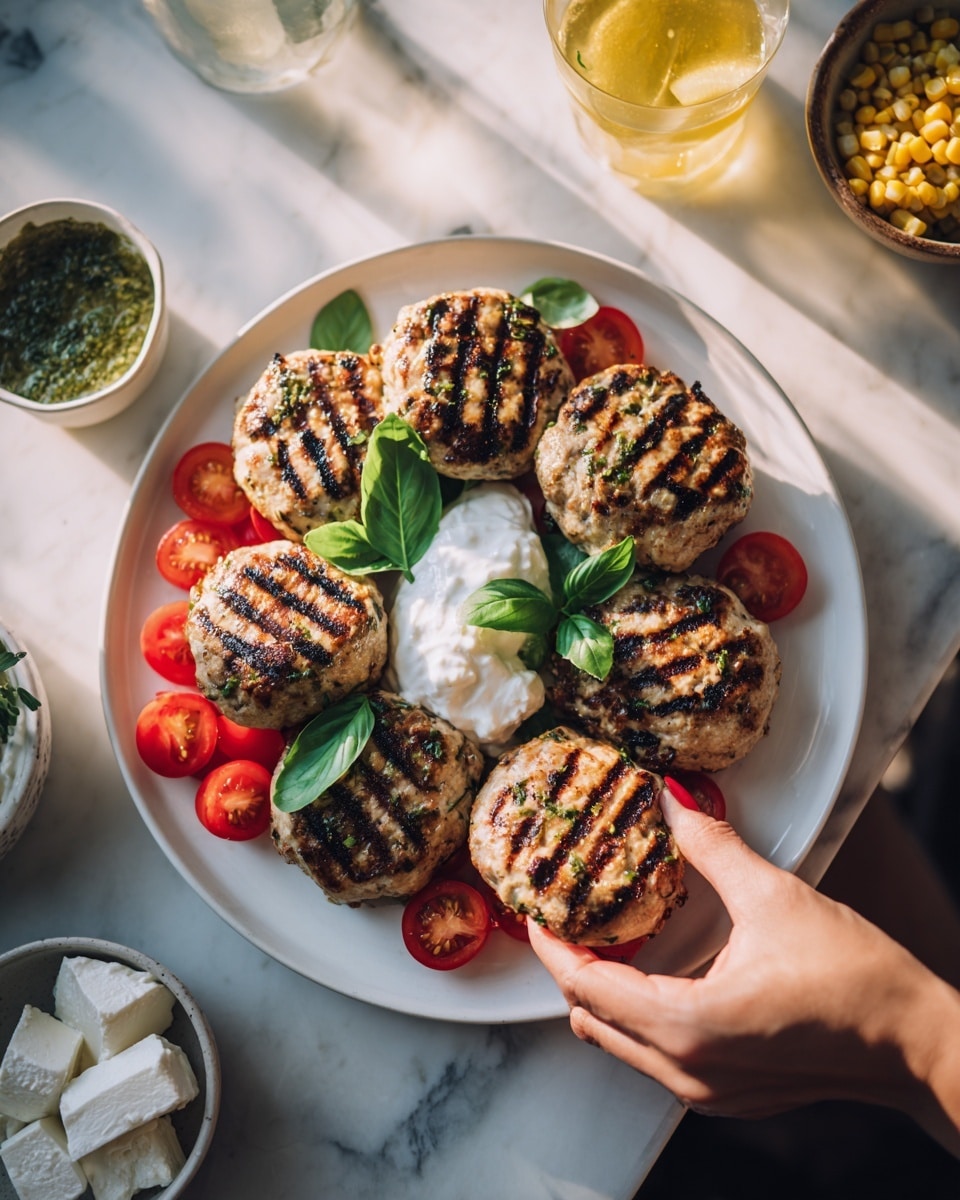 The image shows a white plate with six grilled chicken patties that have clear brown grill marks, placed in two rows. The plate also includes fresh sliced red tomatoes arranged near the bottom, topped with bright green basil leaves and a dollop of smooth white cream. Nearby, a woman's hand is holding one chicken patty. Surrounding the main plate are smaller white dishes containing green sauce, white round soft cheese, and yellow corn on the white marbled surface. The lighting is natural and soft. photo taken with an iphone --ar 4:5 --v 7