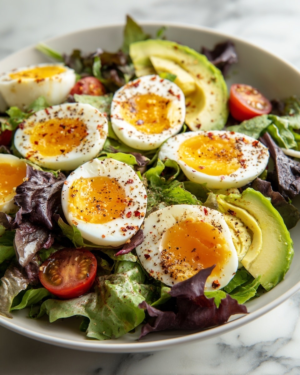 A white bowl filled with fresh green leafy lettuce at the base, layered with sliced avocado pieces that are light green with a smooth texture, and halved cherry tomatoes that are bright red with a shiny surface. On top, there are six halves of soft-boiled eggs with white firm edges and golden yellow yolks in the center, sprinkled with red chili flakes and black pepper. The bowl sits on a white marbled surface with a soft natural light shining from the side, highlighting the fresh colors and textures of the salad, photo taken with an iphone --ar 4:5 --v 7