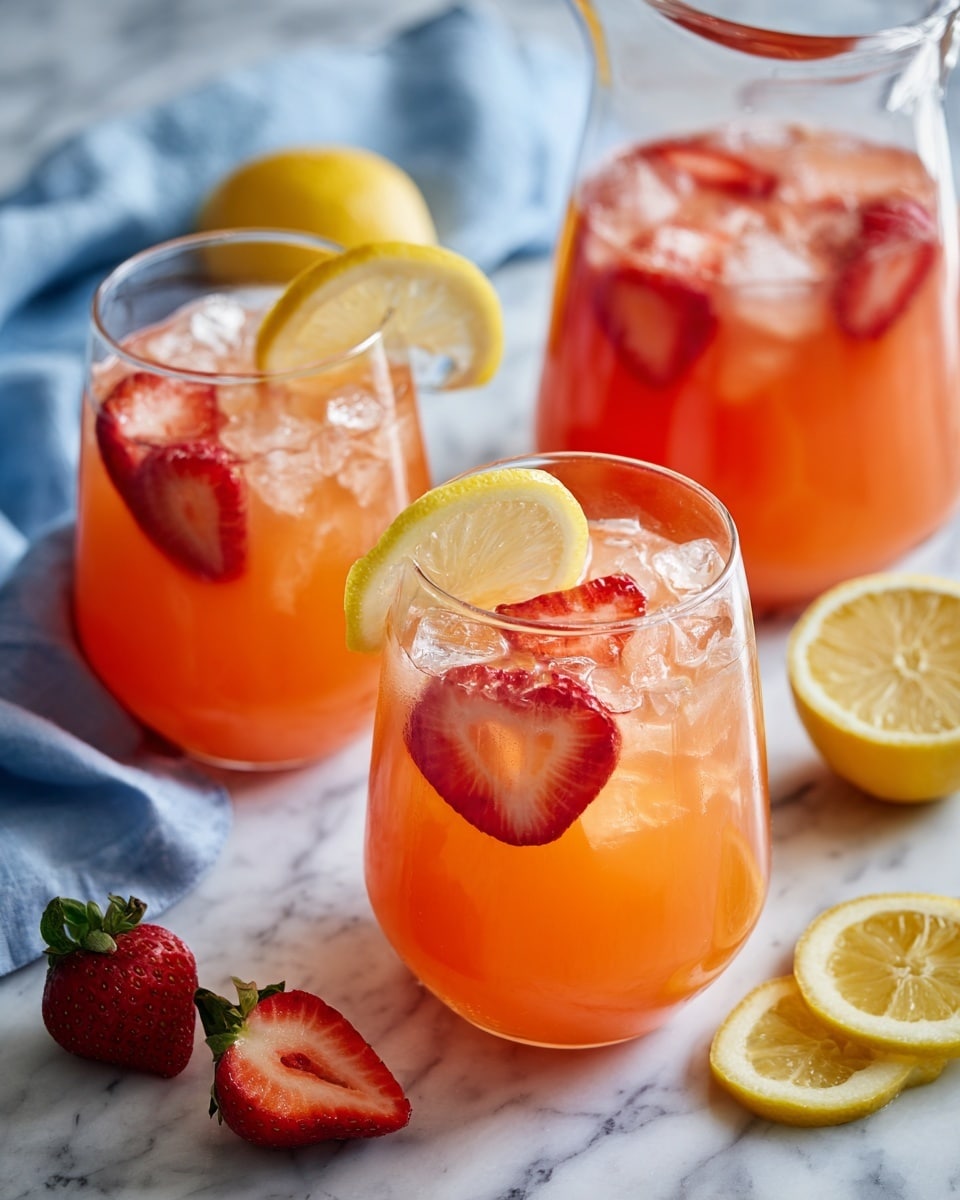 Two clear glasses filled with an orange-pink drink and ice cubes are shown, each glass garnished with a round lemon slice on the side and halved strawberries on top. Behind the glasses, there is a clear pitcher filled with the same drink. In the foreground, on the white marbled surface, there are lemon slices and halved strawberries scattered around. To the left, a woman’s hand is seen holding a white plate with red strawberry slices and lemon wedges, next to a blue cloth. The overall setting is bright and fresh. photo taken with an iphone --ar 4:5 --v 7