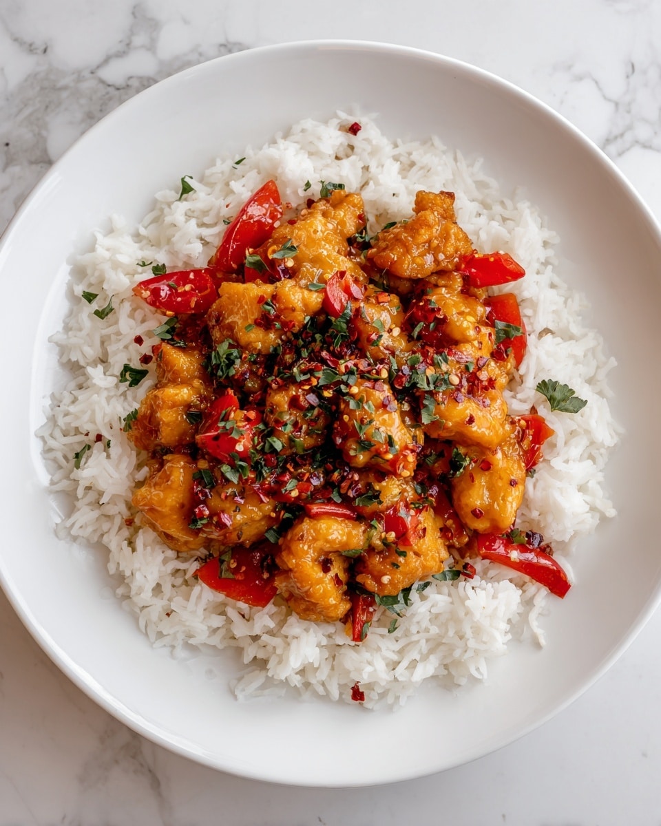 A white bowl sits on a white marbled surface filled with a layer of fluffy white rice at the bottom. On top of the rice is a colorful curry with chunks of orange chicken, bright red bell pepper slices, and a thick, creamy orange sauce. The dish is topped with a generous sprinkle of fresh green cilantro and small red chili flakes, adding texture and a pop of color. The photo taken with an iphone --ar 4:5 --v 7