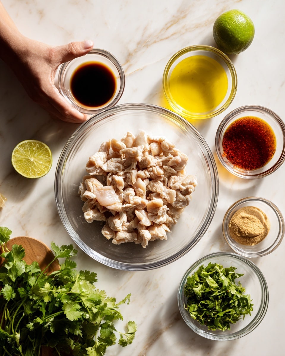 The image shows a clear glass bowl filled with small pieces of raw chicken at the center, surrounded by several small clear glass bowls containing different sauces and ingredients. There is a bowl with a dark brown sauce, a bowl with bright yellow oil, another with a reddish-brown liquid, and a small bowl with a light brown paste. Fresh green cilantro is placed at the bottom left corner, and a whole lime is situated near the top. The scene is set on a white marbled surface with a woman's hand reaching from the left side, holding a small bowl. photo taken with an iphone --ar 4:5 --v 7