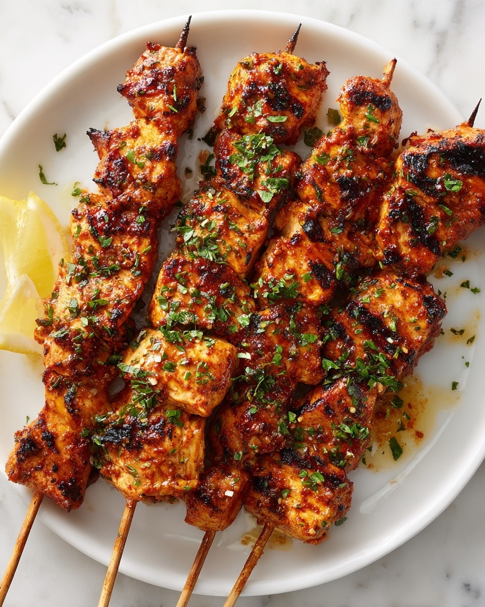 The image shows five skewers of grilled chicken pieces arranged on a white plate. Each skewer has golden brown chicken chunks with a slightly charred texture and a shiny glaze, sprinkled with finely chopped green herbs. The chicken looks juicy with a mix of crisp and smooth surfaces. The plate is placed on a white marbled texture, with a lemon and a glass of beverage blurred in the background. photo taken with an iphone --ar 4:5 --v 7