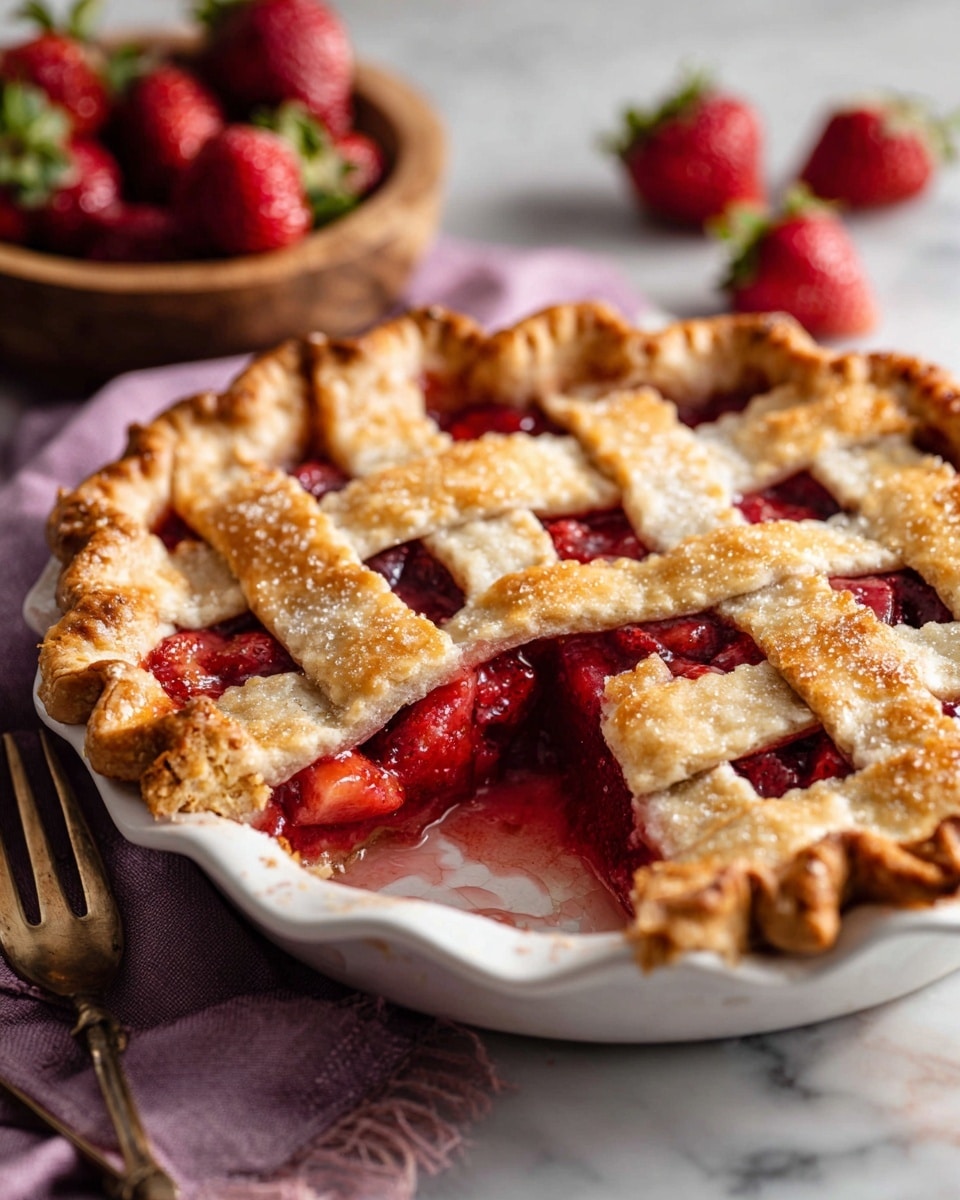 A round pie with a golden brown crust holds a bright red fruit filling seen through a lattice top made of six wide, shiny baked dough strips crossing over each other. The crust edge is thick, crimped, and sprinkled with coarse sugar crystals, giving a slightly grainy texture. The pie is held by two woman's hands at the sides over a wooden board, with a white marbled surface underneath. A small bowl of fresh, red strawberries sits nearby. The scene is softly lit with natural light, showing warm colors and clear details. photo taken with an iphone --ar 4:5 --v 7
