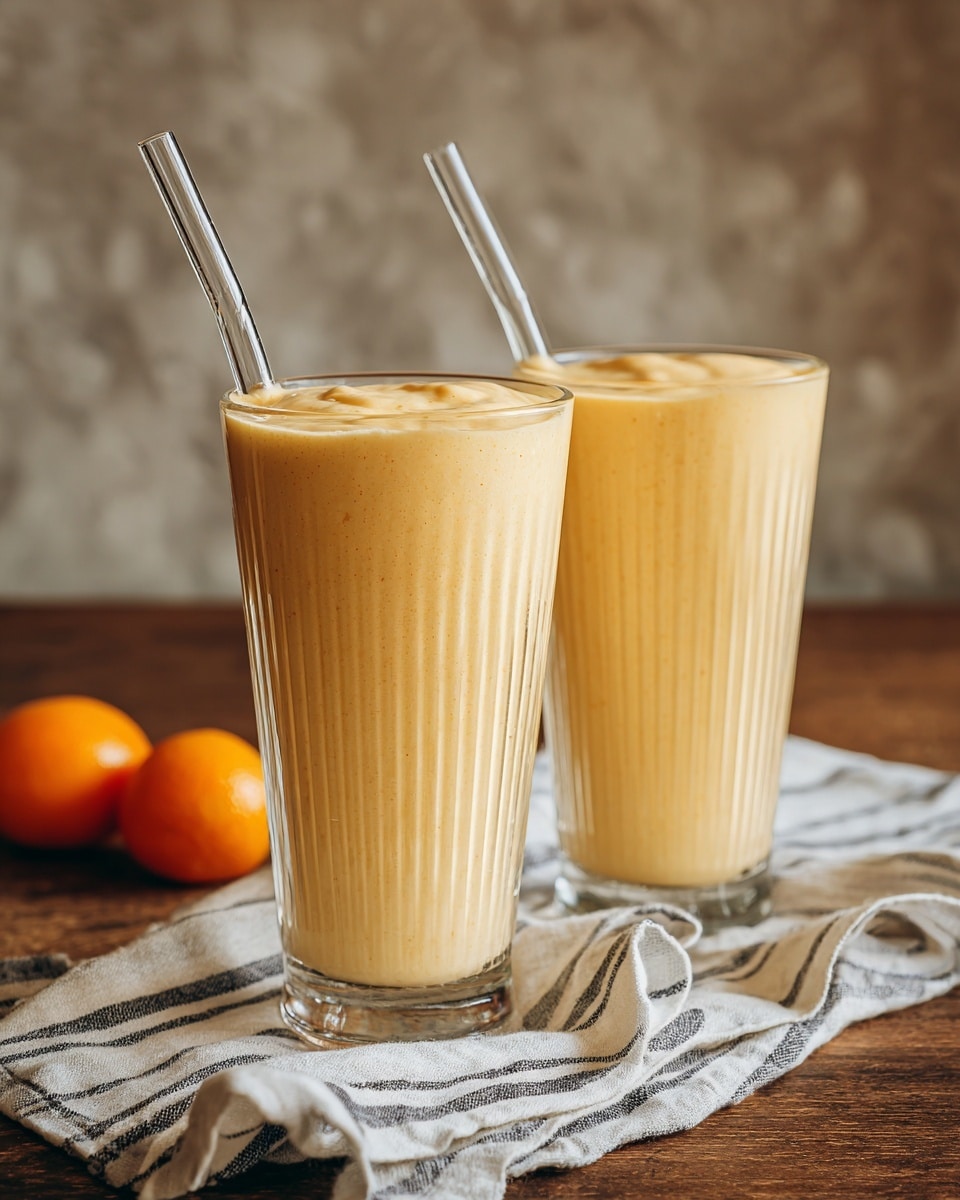 Two tall clear ribbed glasses each filled with a creamy light yellow smoothie that almost reaches the top, with smooth texture and small bubbles on the surface. One glass is in the front right and the other is behind it on the left. Both glasses have straight clear straws inside. The glasses sit on a white cloth with dark thin stripes, which is placed on a brown wooden surface. In the blurred background, there are two orange fruits and a bowl with yellow fruit pieces. The background is a white marbled texture. photo taken with an iphone --ar 4:5 --v 7