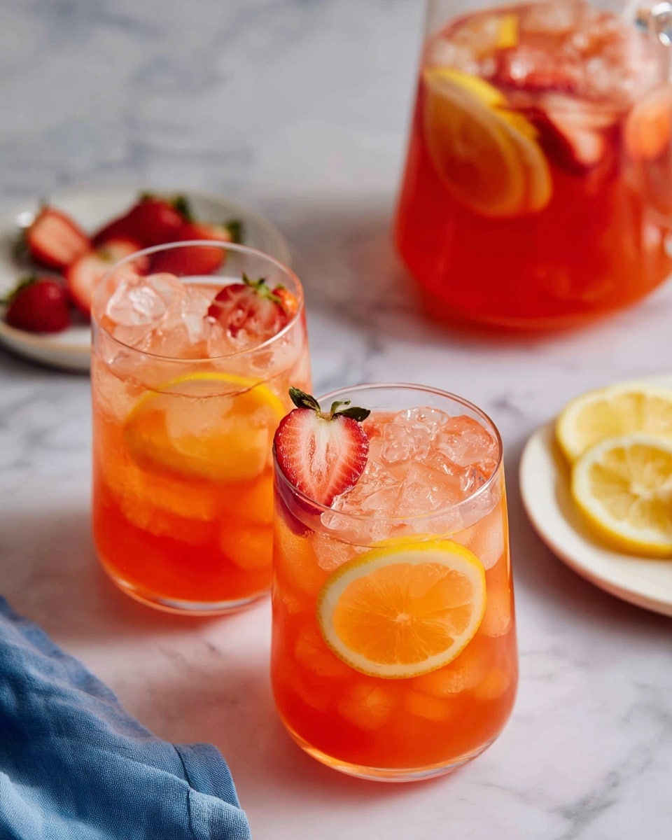 Two clear glasses filled with an orange-pink drink with ice cubes are placed on a white marbled surface. Each glass has a thin slice of lemon on the inside near the rim and a small red strawberry piece floating on top. In the background, there is a clear pitcher filled with the same orange-pink drink and ice. To the left, there is a wooden board holding slices of lemon and strawberries, and a blue cloth partially visible. A few lemon and strawberry slices are scattered on the white marbled surface near the glasses. photo taken with an iphone --ar 4:5 --v 7