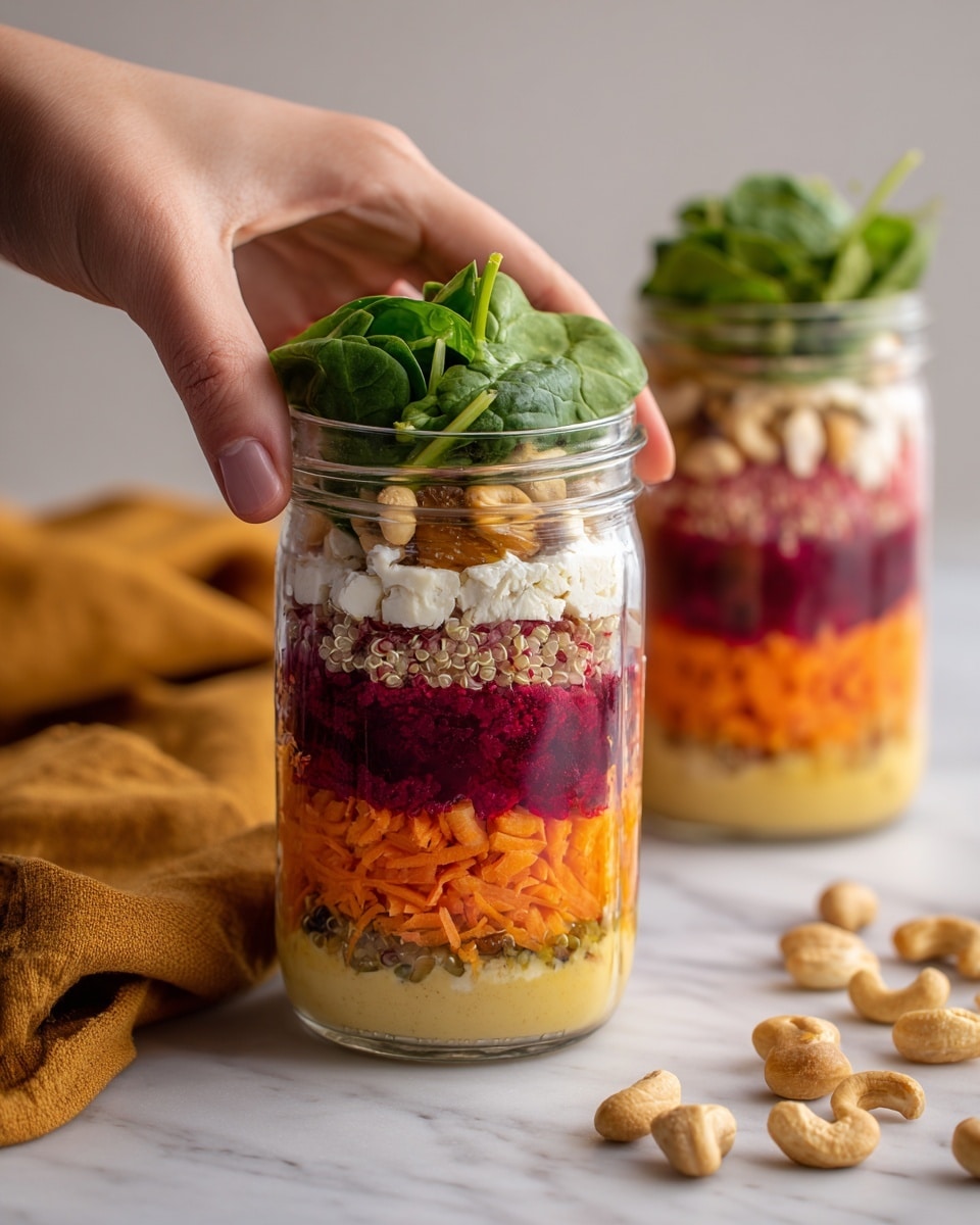 Two glass jars on a white marbled surface, each filled with seven colorful layers of fresh food. Starting from the bottom, the first layer is a smooth light orange spread, above that is a layer of shredded bright orange carrots, followed by a rich dark red chunky beet layer. Next is a light pinkish quinoa layer mixed with golden raisins, then a thick layer of white soft cheese. The sixth layer shows small curved light brown cashews with some chopped green pieces, topped by a full layer of fresh bright green spinach leaves filling the jar to the top. A mustard-yellow cloth and lid sit near the jars, and a woman's hand could be imagined near the scene. Photo taken with an iphone --ar 4:5 --v 7