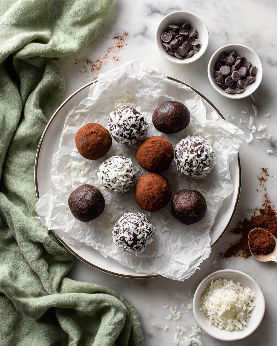 On a round white plate lined with white crumpled parchment paper, there are eleven round chocolate energy balls arranged in a loose cluster. The balls have three different looks: some are plain dark brown with a dense, slightly rough texture; some are dark brown with small chocolate chips embedded on the outside; and others are covered in white shredded coconut flakes, giving a fluffy texture. Around the plate, there are small white bowls, one filled with shredded coconut, one with dark chocolate chips, and another with cocoa powder and a spoon. A green cloth is softly draped in the lower left corner. The whole scene is set on a white marbled surface. photo taken with an iphone --ar 4:5 --v 7