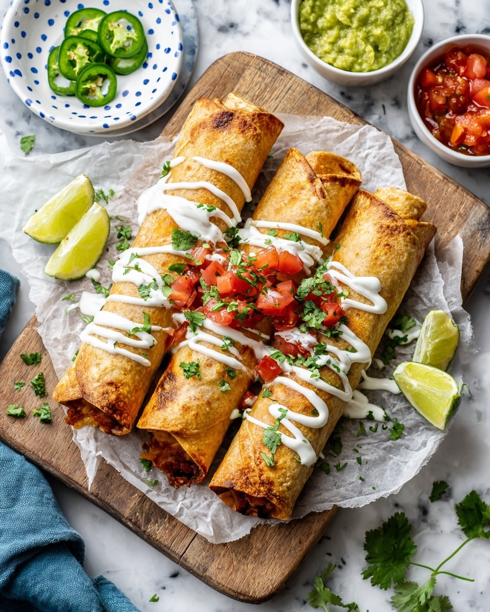 Three rolled tacos with a golden brown crispy texture are placed on parchment paper on a wooden chopping board, drizzled with white cream sauce and topped with small pieces of red tomato and green herbs. Around the tacos are fresh green cilantro leaves and lime wedges. To the left, on a small white plate with dark blue dots, are several slices of fresh green jalapeño. On the wooden board beneath are three small white bowls with colorful rims holding chopped green herbs, red tomato salsa, and green guacamole. The scene is set on a white marbled surface with a blue cloth napkin partially visible on the left side. Photo taken with an iphone --ar 4:5 --v 7