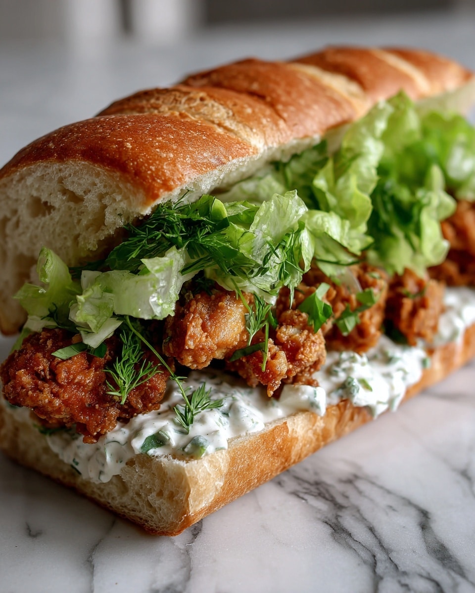 A sandwich with a golden brown toasted bun sliced open horizontally showing three layers inside: the bottom layer is a white creamy sauce spread evenly, the middle layer has crispy breaded pieces of cooked white fish with a crunchy texture and golden color, and the top layer is fresh, light green shredded lettuce mixed with the creamy sauce, all inside the soft bun, placed on a white marbled surface. Photo taken with an iphone --ar 4:5 --v 7