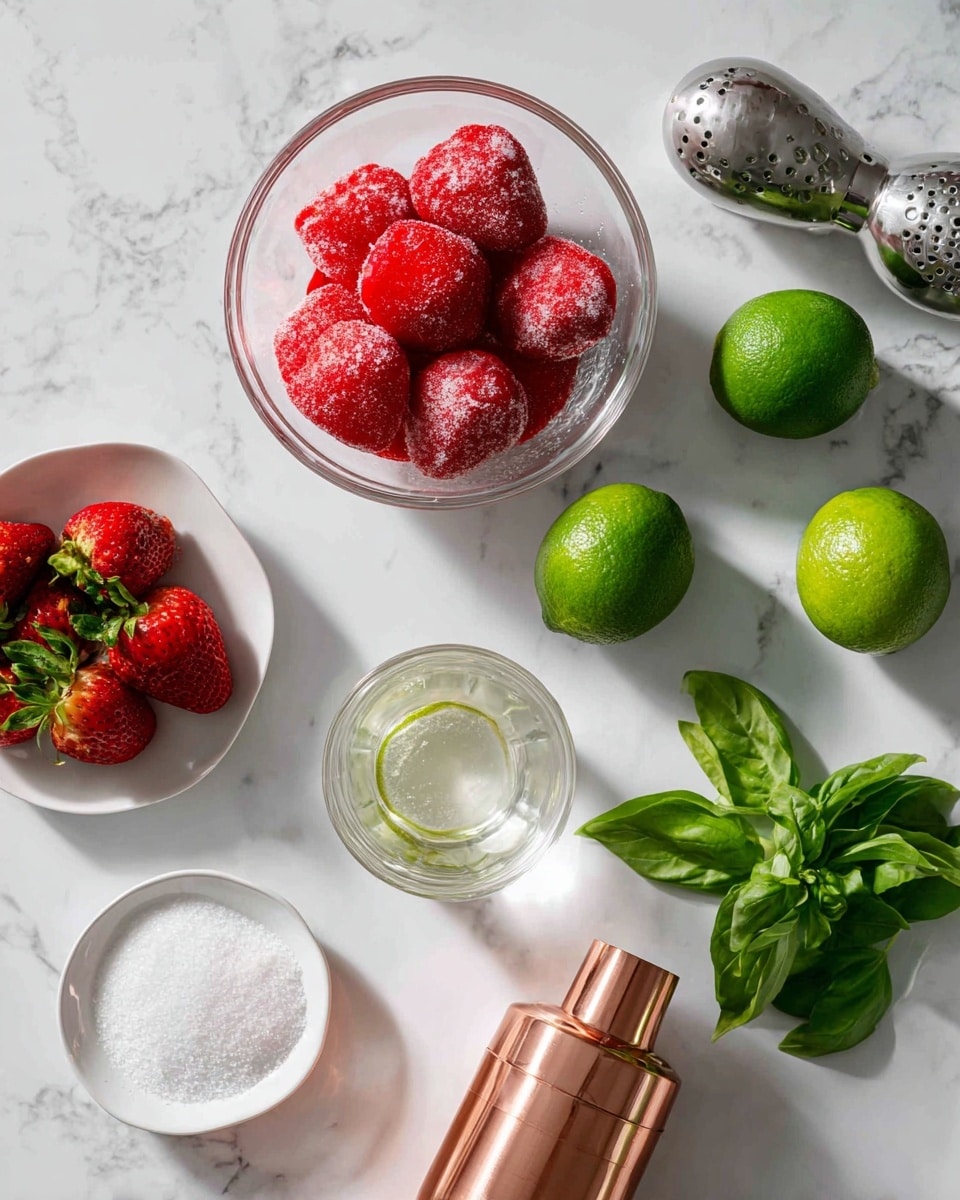 The image shows ingredients for a drink arranged neatly on a white marbled surface. At the center top is a clear glass bowl filled with bright red frozen strawberries dusted with ice crystals. To the right, there are three whole green limes and one tall metal lime squeezer holding a halved lime. Below the squeezer, fresh green basil leaves spread toward the bottom right corner. Toward the bottom left, a small white plate holds white powdered sugar or salt, surrounded by fresh strawberries with green tops. Near the center left is a transparent glass cup with a clear liquid, next to a shiny copper cocktail shaker partly open with a matching cup. A glass bottle filled with a pale amber liquid sits near the bottom center. The whole setup is clean and bright, with elements spaced evenly on the white marbled background, photo taken with an iphone --ar 4:5 --v 7