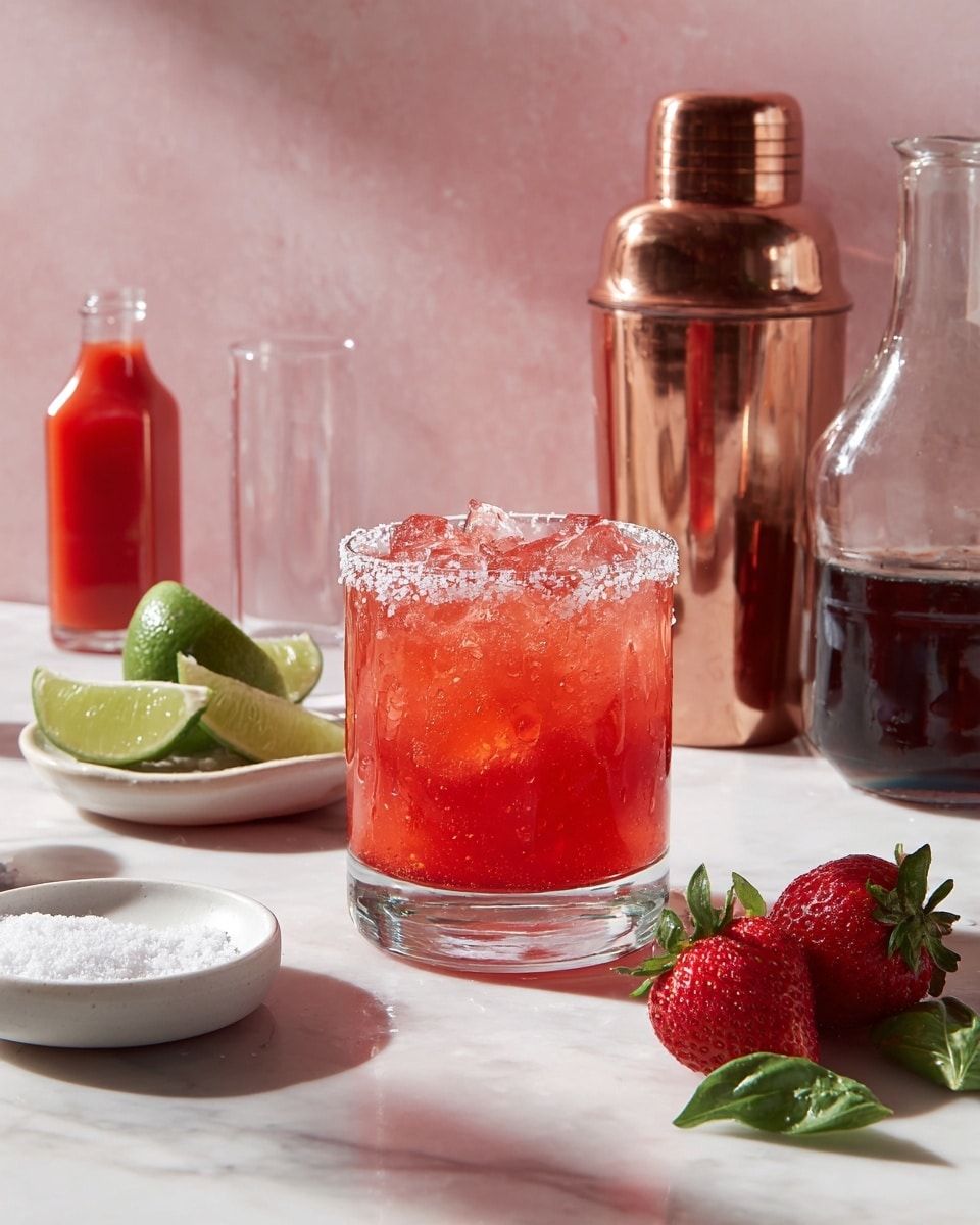 A clear glass with a thick base is filled with bright red liquid and ice cubes, with the rim coated in coarse white salt. Around it, there are two whole red strawberries on the right, two lime wedges and two lime slices on the left, a small white bowl filled with coarse salt, and a copper cocktail shaker behind the glass, all placed on a white tiled surface with a white marbled texture background. There is also a small glass bottle with red liquid on the left and a glass bottle with a green leaf and dark liquid on the right. Photo taken with an iphone --ar 4:5 --v 7