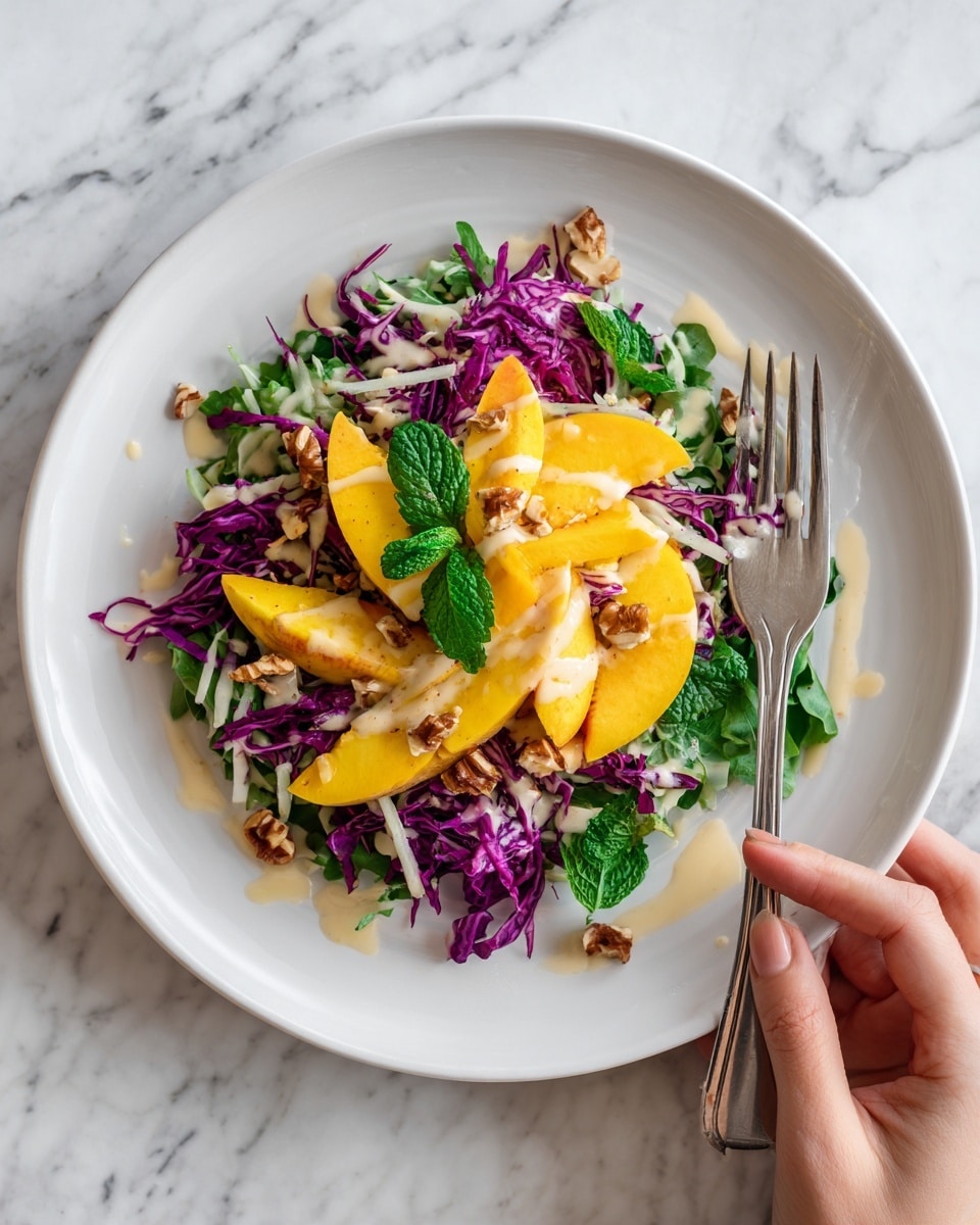 The dish is served in a white bowl on a white marbled surface. It has several colorful layers: at the bottom, fresh green spinach leaves spread out, topped with thin slices of purple cabbage and bright, thin strips of red carrots. Orange peach slices rest on top, with a sprinkle of light brown nuts scattered across. There is a dressing drizzled over everything, creamy and light beige in color. Small fresh mint leaves add a touch of green, and a silver fork is placed on the side of the bowl. Photo taken with an iphone --ar 4:5 --v 7