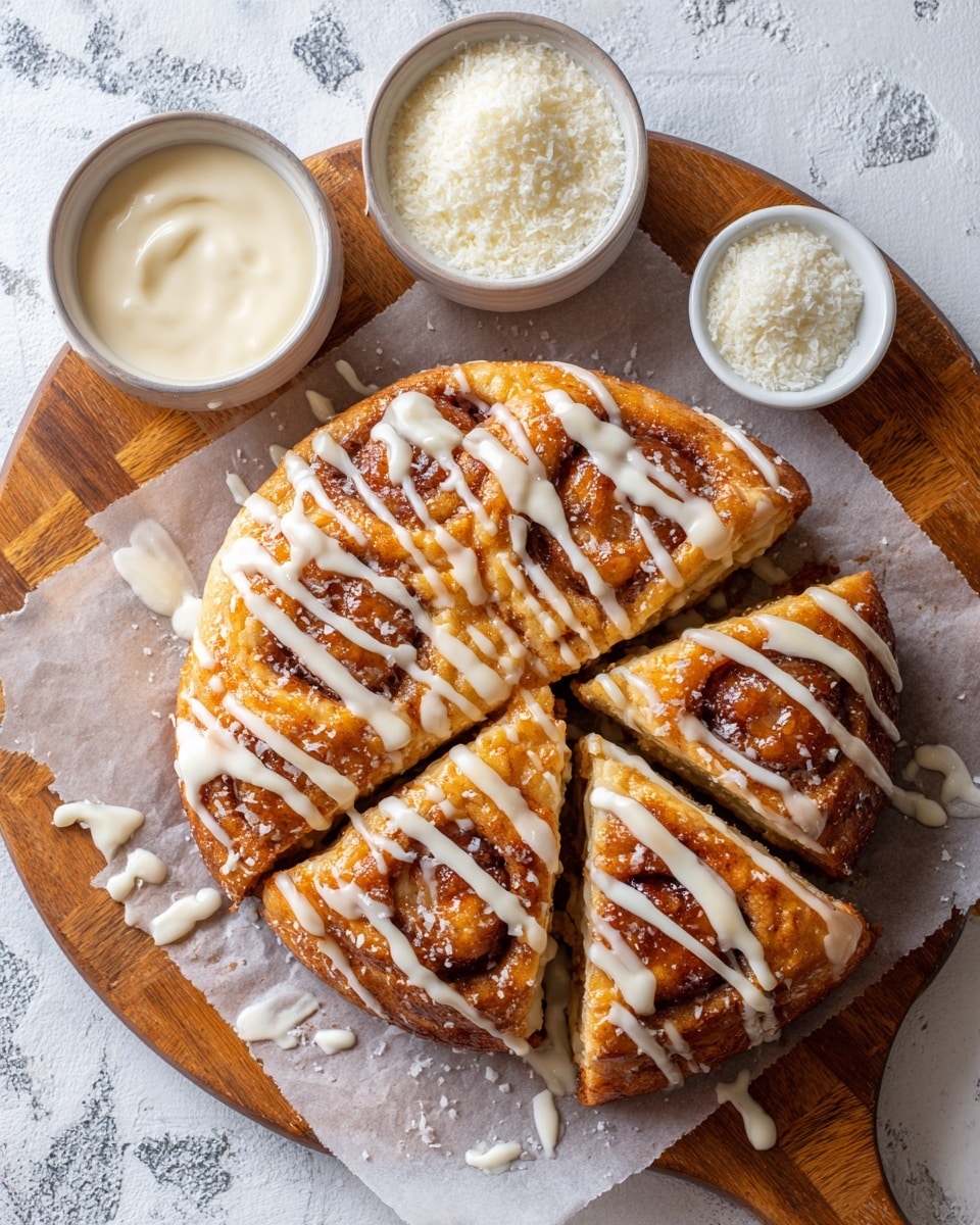 The image shows a round cinnamon pastry cut into eight slices on white parchment paper, placed on a wooden cutting board with a white marbled texture underneath. The pastry has a golden-brown, shiny surface with a sugary cinnamon coating and is drizzled over the top with white icing in thin, uneven lines. To the upper left side of the pastry, there are two small silver bowls, one filled with white icing and the other with coarse salt flakes. The overall scene is lit with warm natural light creating strong shadows and highlights, giving a cozy and fresh feel. photo taken with an iphone --ar 4:5 --v 7