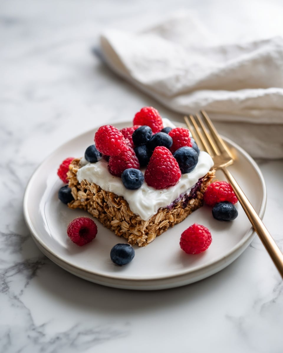A white plate holds a square oatmeal bar with visible oats and bits of fruit inside, topped with a dollop of white cream that looks smooth and soft. On top of the cream, there are several fresh raspberries and blueberries, with more berries scattered around the bar on the plate. On the right side of the plate, a gold fork rests beside the oatmeal bar. The background is a white marbled surface with a rustic wooden texture showing through in some spots. In the top left corner, there is a white baking dish with an oatmeal bar inside, and in the top right corner, a small plate with more raspberries and blueberries is partially visible. photo taken with an iphone --ar 4:5 --v 7