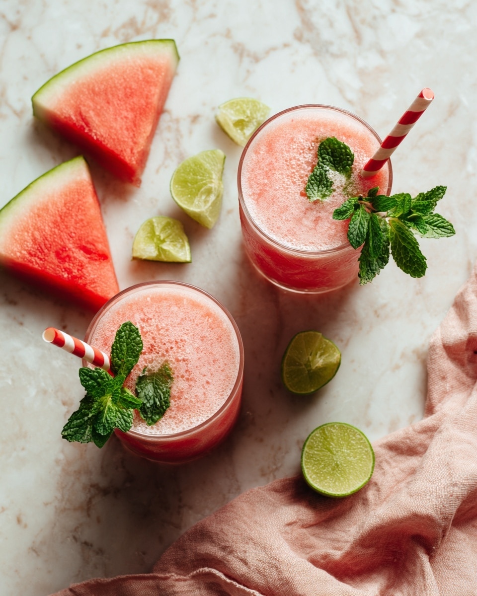 A clear glass filled with a thick pink smoothie that looks creamy and smooth. The smoothie reaches near the top of the glass and has small bubbles on the surface. On the right side of the glass, there is a small lime wedge placed on the rim. Behind the lime, a small bunch of fresh mint leaves is standing up, adding green color to the pink smoothie. A red and white striped straw is placed inside the glass, leaning slightly to the left. The glass is set on a white marbled surface with two triangular red watermelon pieces in the background, one on the left and one on the right, slightly blurred. photo taken with an iphone --ar 4:5 --v 7