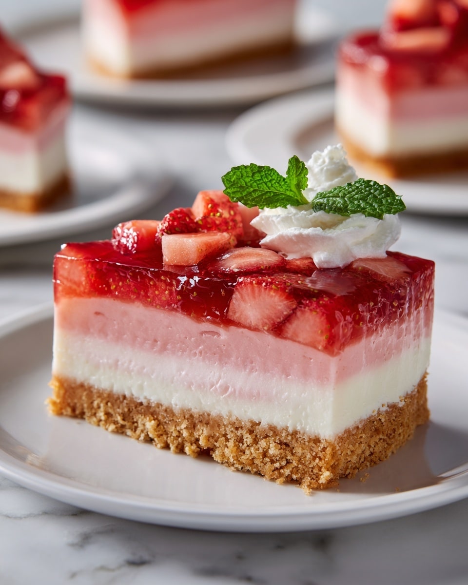 The image shows a close-up of a slice of layered cheesecake on a white plate, placed on a white marbled surface. The cheesecake has three clear layers: the bottom layer is a crumbly, light brown crust; the middle layer is thick, smooth, and white creamy cheesecake; the top layer is a pink and red fruit topping with a slightly shiny texture, decorated with small cubes of fruit and a small green mint leaf on top. A woman's hand holding a fork is reaching toward the slice. The background is blurry with soft light. Photo taken with an iphone --ar 4:5 --v 7