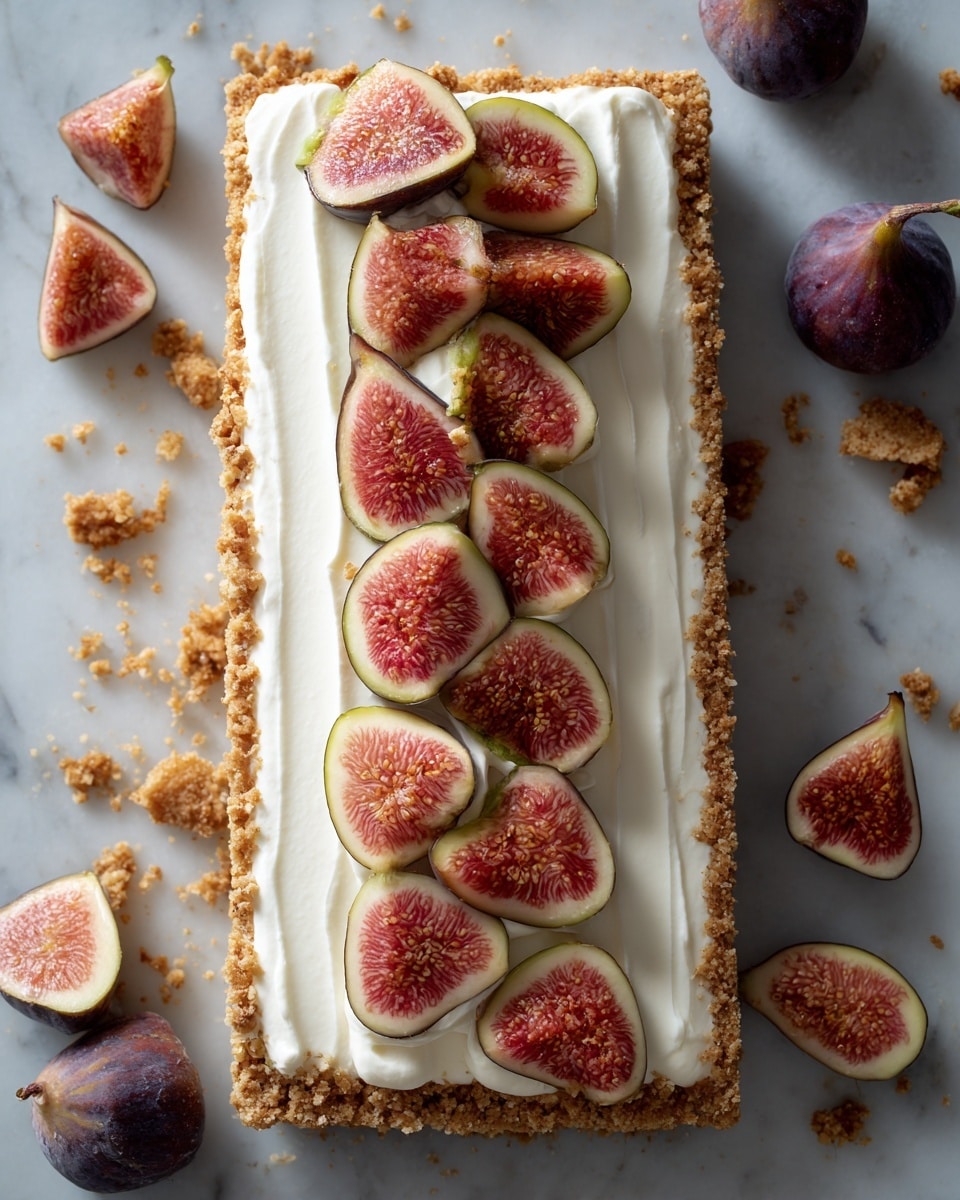 A woman's hand holds a small gray ceramic pitcher, pouring dark brown sauce in thin streams over a square tart on a white marbled surface. The tart has three distinct layers: a thick, crumbly golden brown crust at the bottom, a smooth, creamy white filling in the middle, and fresh fig slices arranged in a row on top. The fig slices show a mix of pale green edges and pink interiors with tiny seeds. Around the tart are a few whole figs, some cut to show their inside. Photo taken with an iphone --ar 4:5 --v 7