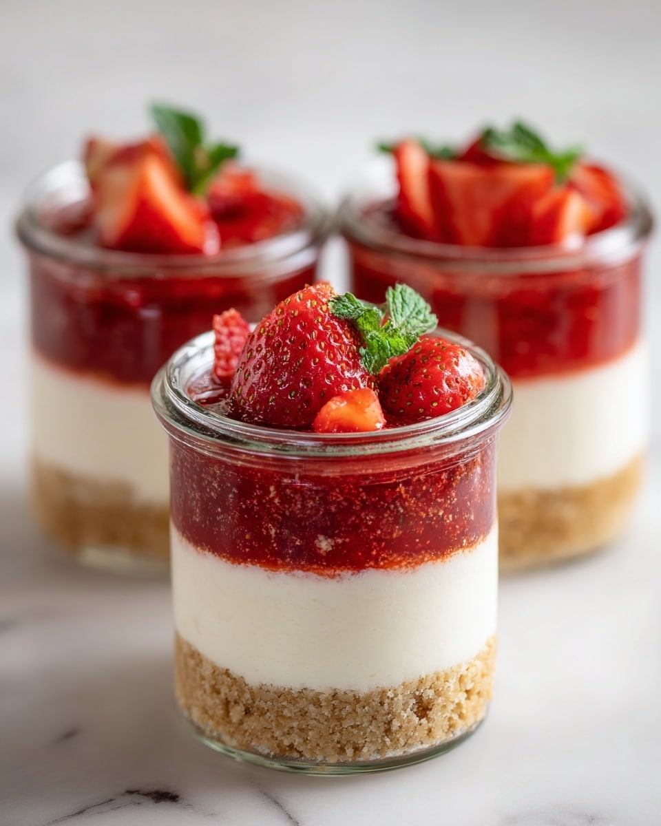 Three clear glass jars each hold a dessert with three visible layers. The bottom layer is crumbly and light brown. The middle layer is creamy white with a smooth texture, filling most of the jar. The top layer is a thick, bright red strawberry sauce with whole strawberries placed on top, their green leaves intact. The jars are set on a white marbled surface and the photo focuses on the middle jar, with the other two blurred in the background. photo taken with an iphone --ar 4:5 --v 7