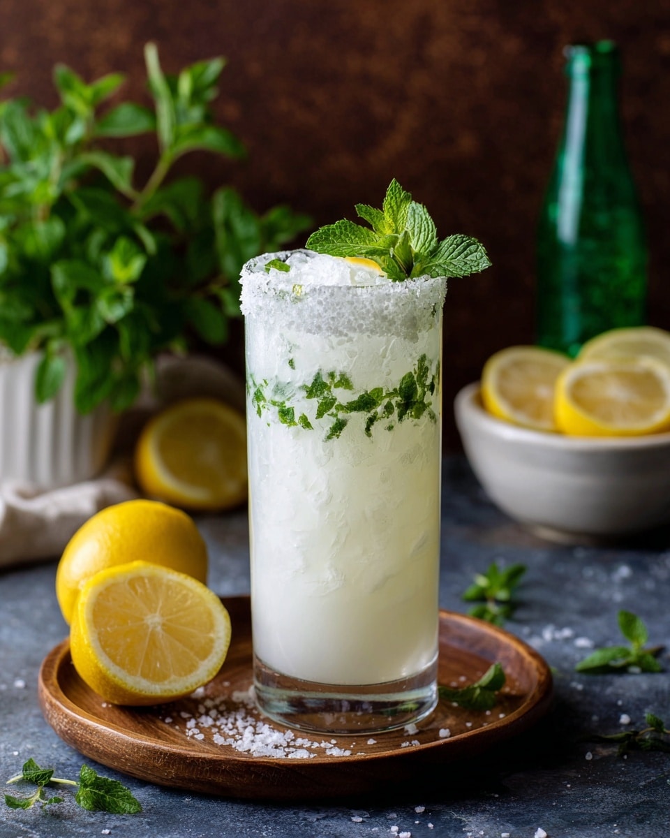 A tall clear glass filled with a cold white creamy drink with ice cubes inside, the rim is coated with coarse salt and green herbs. On top, a fresh green mint leaf and a wedge of lime are placed, adding bright green and yellow colors. In the front foreground, four lime wedges rest on a dark surface with a sprinkle of salt. In the blurred background, there is a second glass with a white drink topped with a mint leaf, a green bottle, a wooden tray, and a fresh mint plant on a white marbled surface. Light shines softly on the drink and lime wedges, creating a fresh and inviting mood. photo taken with an iphone --ar 4:5 --v 7