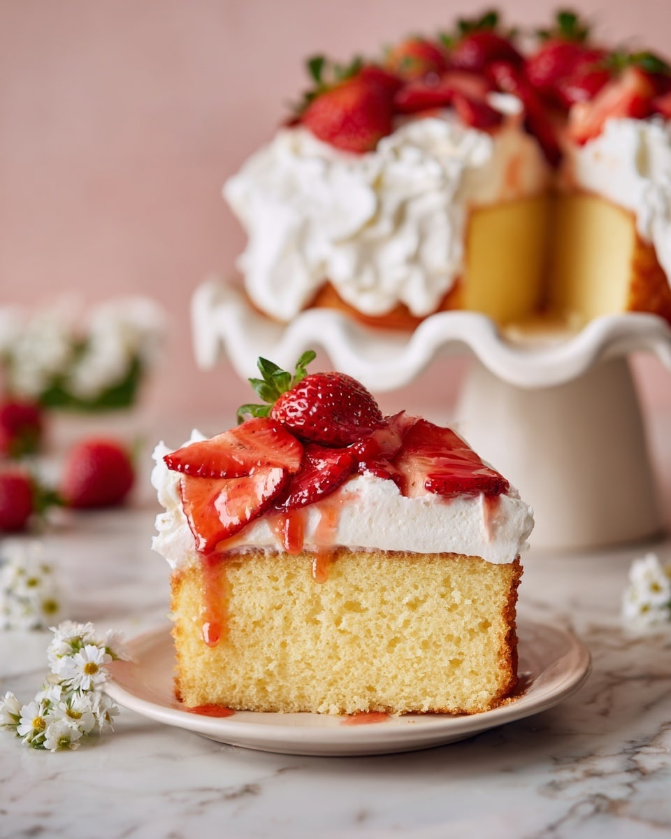 A single-layer round cake with a golden-brown base sits on a white cake stand with a wavy edge; on top is a thick layer of white whipped cream that looks soft and fluffy, covered by a generous pile of sliced red strawberries with one whole strawberry at the top center, some juice dripping down the cream. There are small white flowers placed around the cake stand, and fresh green leaves peek from underneath the stand, all set on a white marbled surface with a pale pink background. Photo taken with an iphone --ar 4:5 --v 7