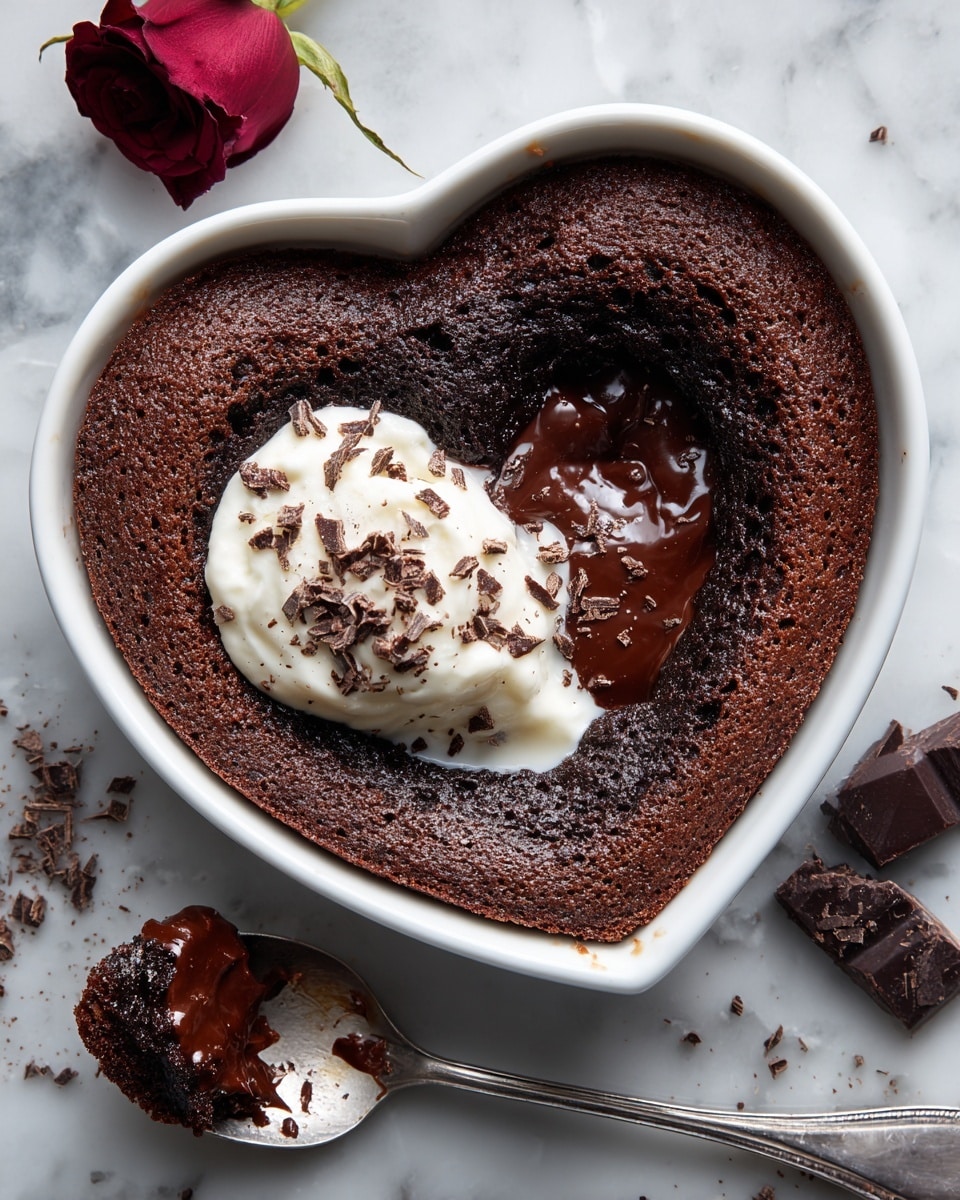 A heart-shaped chocolate dessert in a white ceramic dish with rich, dark brown cake that looks soft and moist, having melted chocolate flowing over its surface. On one side, there is a white dollop of cream sprinkled lightly with chocolate shavings. Next to the dish is a dark red rose and some chocolate shavings scattered on a rustic surface. A spoon with a piece of the chocolate cake covered in melted chocolate is at the bottom left corner. photo taken with an iphone --ar 4:5 --v 7