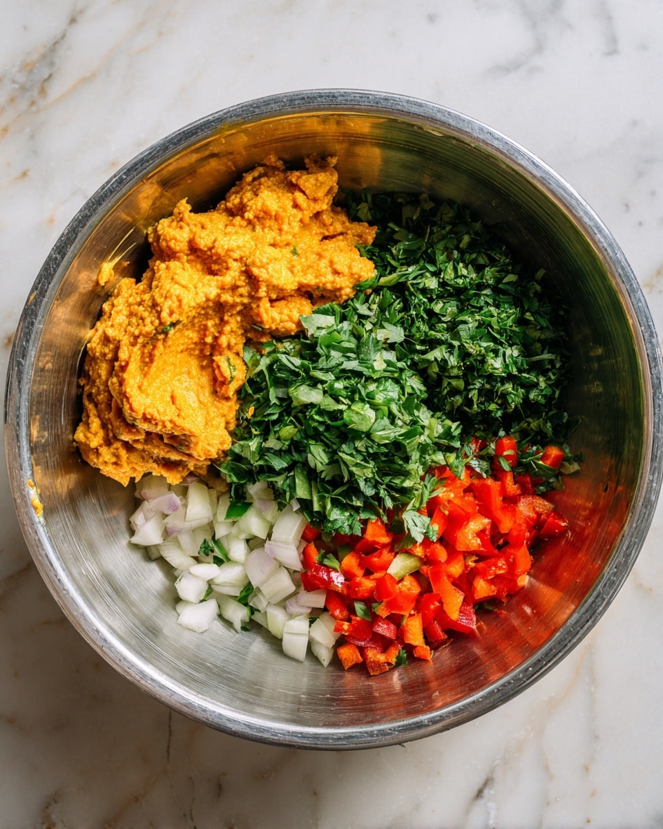 A large silver metal bowl sits on a white marbled surface, filled with several ingredients separated into sections inside. There is a thick orange paste on the top left, bright green chopped herbs in the center, small diced white pieces next to the herbs, finely chopped red bell pepper on the right, and light orange pieces of chopped food at the bottom left. The shiny metal bowl reflects some of the items and the white marbled surface around it. Photo taken with an iphone --ar 4:5 --v 7