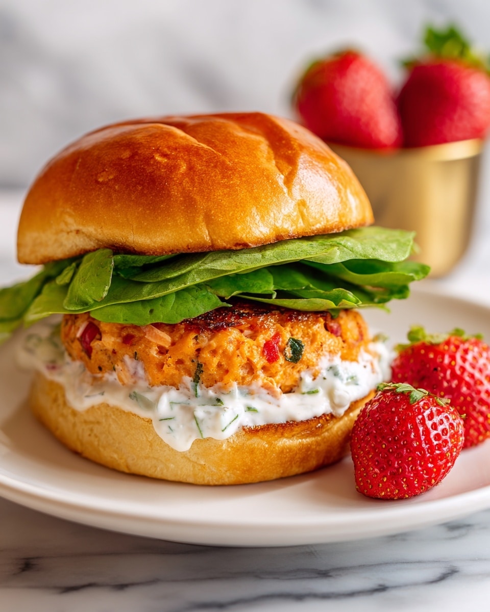 A sandwich on a white plate with a white marbled surface below it, showing three main layers: the bottom layer is a lightly toasted golden brown bun, topped with a thick white creamy sauce with green herbs, then a chunky orange salmon patty with red and white bits inside, followed by a few fresh green lettuce leaves, all covered with a shiny golden brown top bun. There are bright red strawberries beside the sandwich on the plate, and a blurred second sandwich is visible in the background. Photo taken with an iphone --ar 4:5 --v 7