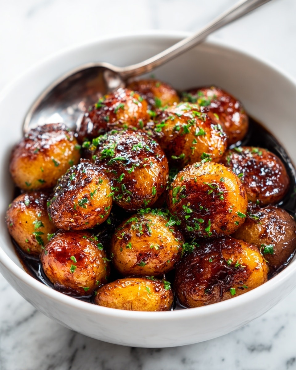 A white bowl full of small, shiny golden-brown round potatoes with a slightly charred texture on some sides. The potatoes are covered in a sticky, dark glaze that makes them look glossy and appetizing. Small green herb pieces are sprinkled evenly on top, adding a touch of fresh color. A metal spoon rests inside the bowl among the potatoes. The bowl sits on a white marbled surface photo taken with an iphone --ar 4:5 --v 7