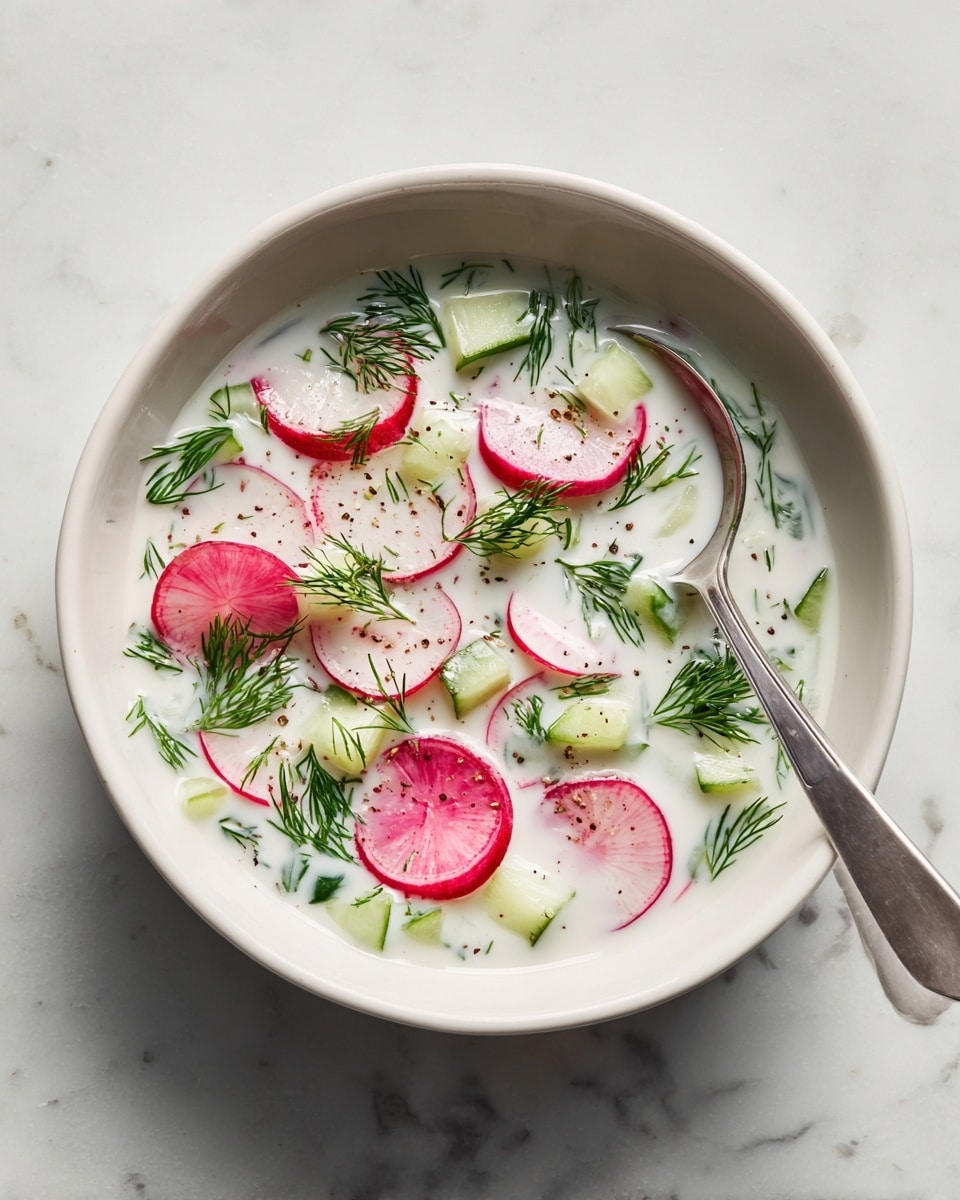 A white bowl filled with a light creamy soup that has small green cucumber cubes and thin red radish slices floating inside. The soup is topped with scattered fresh dark green dill leaves and a few black pepper specks. A silver spoon rests inside the bowl, partially submerged in the soup, holding some radish slices and dill. The bowl sits on a white marbled textured surface. photo taken with an iphone --ar 4:5 --v 7