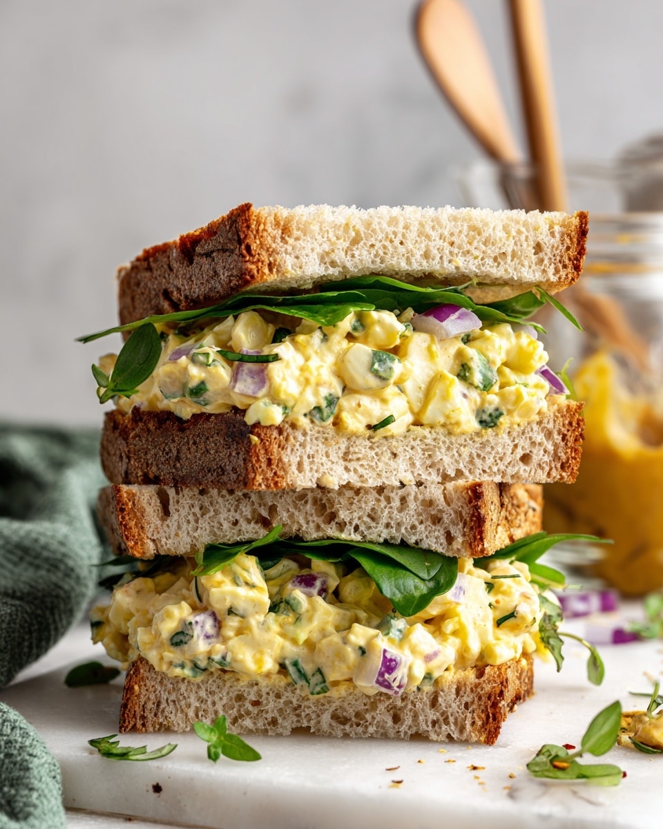 The image shows a sandwich stacked in two layers on a white marbled surface. Each layer has thick slices of light brown bread with a soft, airy texture. Between the bread, there is a creamy mixture with pieces of pale yellow egg, small bits of purple onion, and some green herbs mixed in, giving a fresh look. On top of the creamy layer, bright green leaves add a fresh, vibrant touch, slightly spilling out from the sides. There is some scattered green herb garnish around the sandwich on the surface. In the background, there's an open jar of mustard with a wooden spreader sticking out and a folded green cloth. Photo taken with an iphone --ar 4:5 --v 7