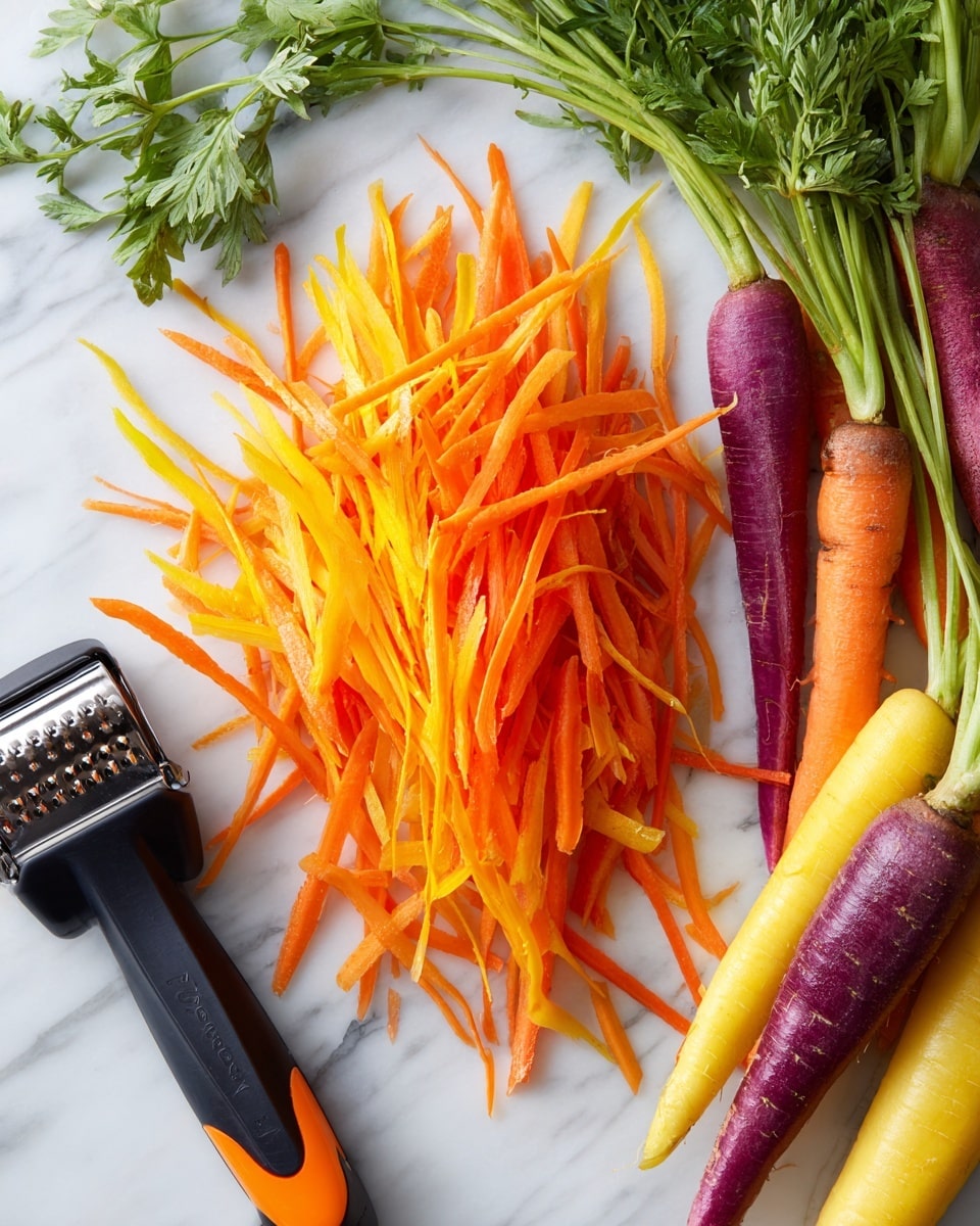 A pile of thin, bright orange carrot strips is spread on a white marbled surface in the center of the image. To the right, there are whole carrots of different colors—orange, purple, and yellow—with green leafy tops. At the bottom left, a black and orange vegetable peeler lies near the carrot strips. Some green carrot leaves appear at the top left corner. The image has a clean and fresh look. photo taken with an iphone --ar 4:5 --v 7