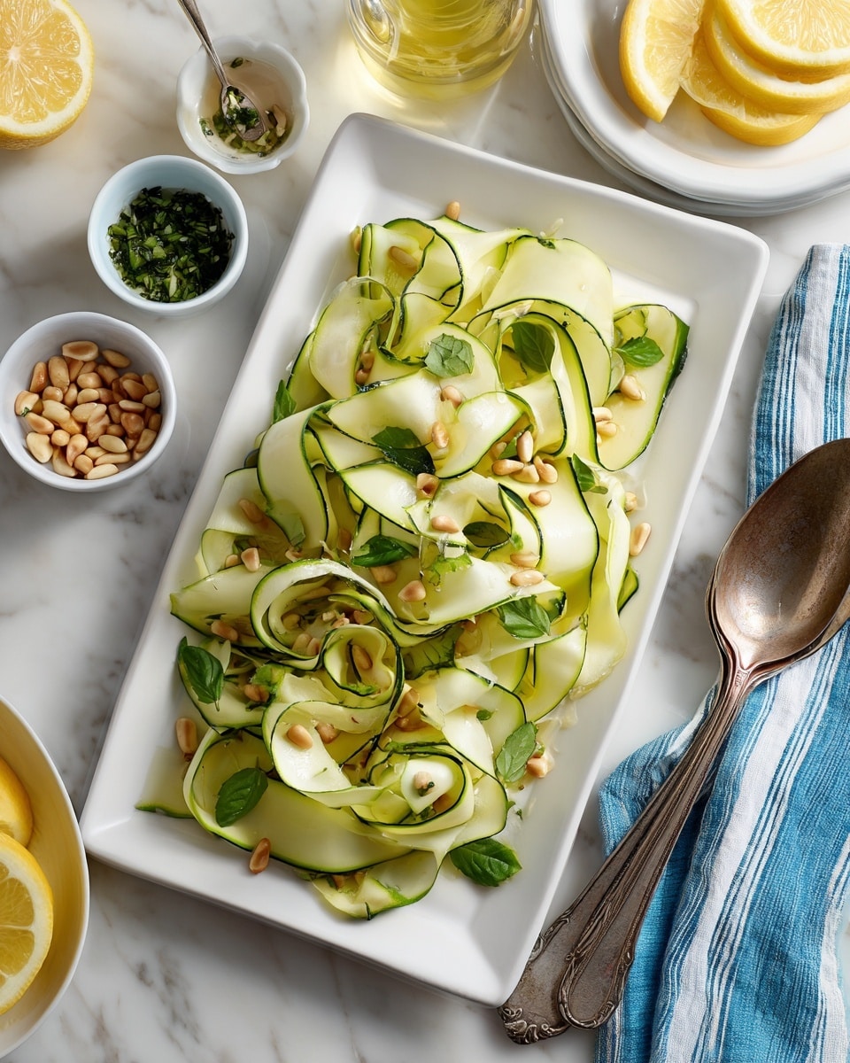 A white rectangular plate filled with thin, curled ribbons of green zucchini layered loosely and scattered with small green and purple basil leaves. Lightly toasted pine nuts are sprinkled on top, adding texture and a light beige color. The zucchini slices show a fresh, slightly shiny surface, and some visible black pepper is sprinkled evenly over the dish. Around the plate, there are small white bowls with chopped herbs and pine nuts, a small glass bowl with yellow dressing and a spoon, halved bright yellow lemons, and a round wooden bowl of salt. A silver fork and spoon rest beside the plate on a white marbled surface, with a blue and white striped cloth near the bottom edge. Photo taken with an iphone --ar 4:5 --v 7