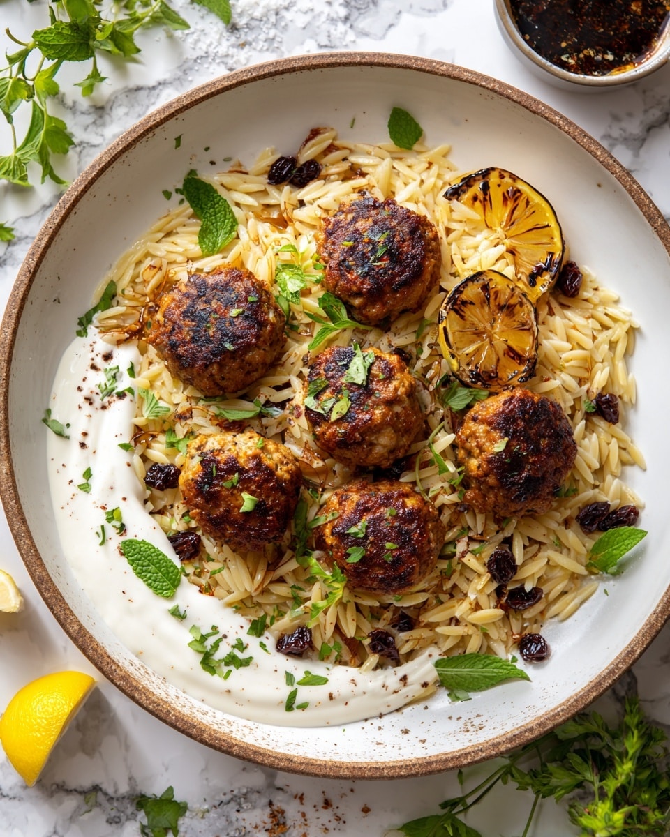 A round plate with a light brown edge holds a vibrant dish set on a white marbled surface. The base layer is a creamy white sauce spread in a swirl on one side of the plate. On top and to one side of the sauce is a pile of small, light brown pasta, mixed with dark sun-dried tomatoes and fresh green herbs. Seven golden brown meatballs with a grilled texture sit nicely on the pasta and sauce, arranged close together in the center and left side. A grilled lemon half, showing toasted brown marks, rests beside the meatballs. Fresh green herb sprigs and mint leaves are sprinkled on top and around the dish. Photo taken with an iphone --ar 4:5 --v 7