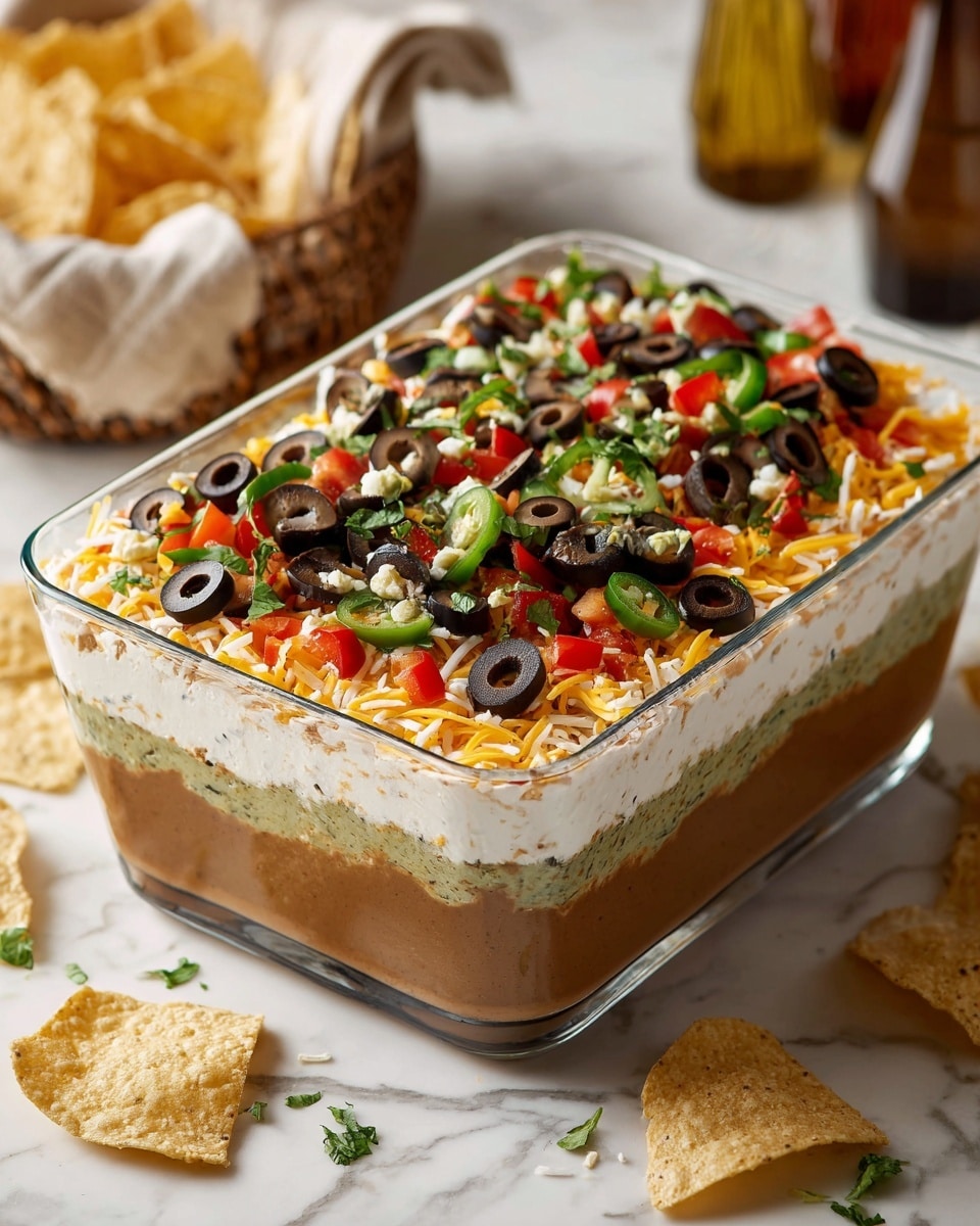 A clear glass square dish shows a layered dip with four layers: the bottom layer is light brown and thick, the second layer is bright green and smooth, the third layer is creamy white, and the top layer is colorful with sliced black olives, shredded yellow cheese, chopped green peppers, red bell peppers, and fresh green herbs scattered evenly. The dish sits on a white marbled surface with some broken yellow tortilla chips nearby. In the background are two bottles and a white bowl filled with yellow tortilla chips. Photo taken with an iphone --ar 4:5 --v 7