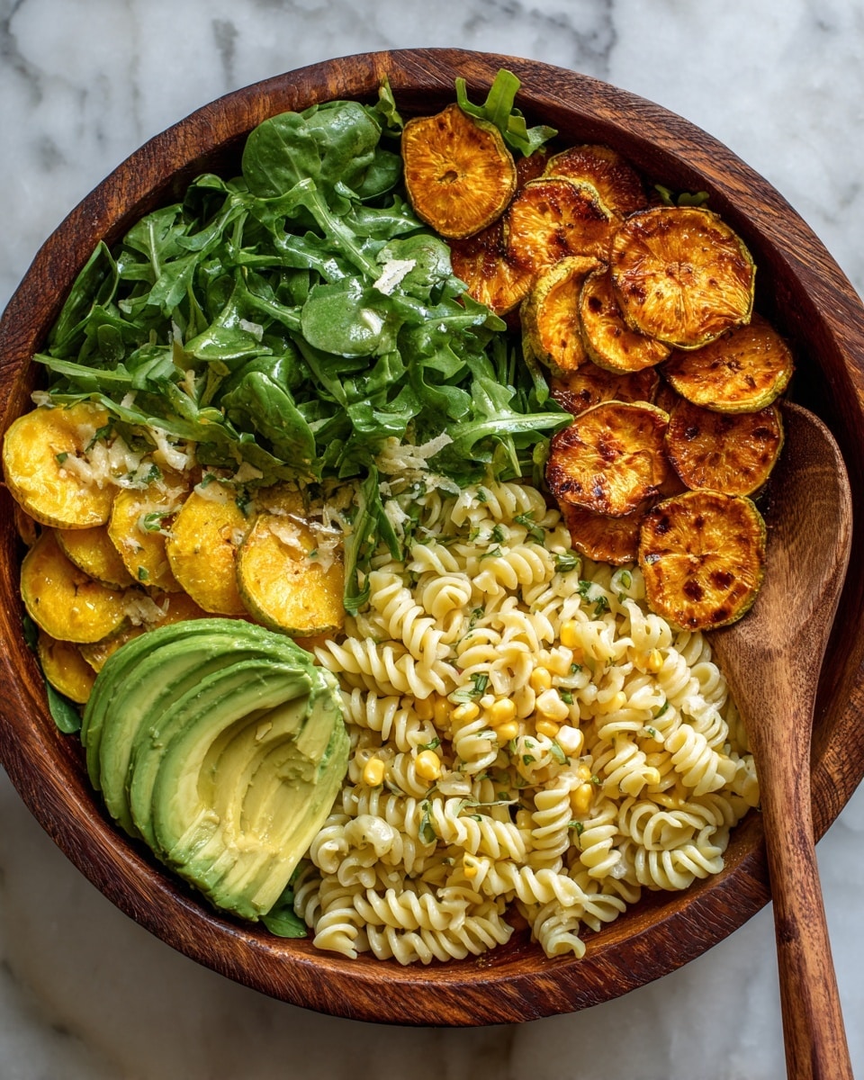 The image shows a wooden bowl filled with a mixed salad. The bottom layer is made of pale yellow spiral pasta, scattered throughout with bright yellow corn kernels. On top of this, there are thin, round slices of yellow squash and pieces of roasted golden beets with a slightly crispy texture. Fresh dark green leafy watercress is spread generously over the pasta and vegetables, giving a fresh touch. A wooden spoon rests inside the bowl on the right side, partly covered with watercress leaves. The whole scene is set on a white marbled surface, creating a clean and bright background. photo taken with an iphone --ar 4:5 --v 7