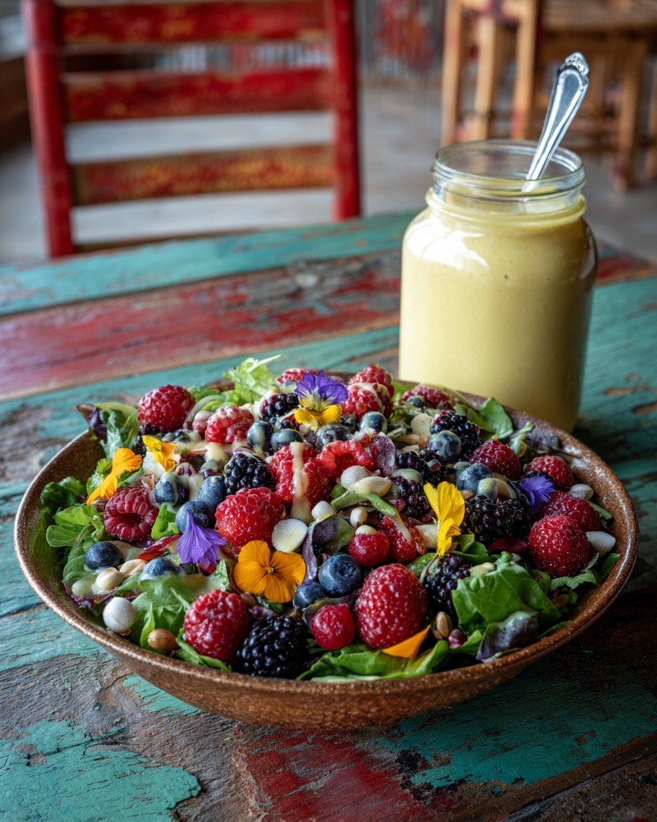 A large bowl filled with a colorful salad that has many layers. The bottom layer is green spinach leaves that cover the whole bowl. On top of the greens, there are mixed berries like raspberries, blackberries, and blueberries spread around. There are also some nuts and seeds sprinkled over the salad, adding a crunchy texture. Yellow and orange edible flowers are placed on top as decoration. A thick yellow dressing is drizzled over the salad. The bowl is white and sits on a wooden surface with a rustic red and blue textured wooden background. There is a small glass jar of the same yellow dressing with a spoon inside it placed behind the bowl. Two black salad spoons rest on the table beside the bowl, and a woman's hand is not visible in the scene. photo taken with an iphone --ar 4:5 --v 7