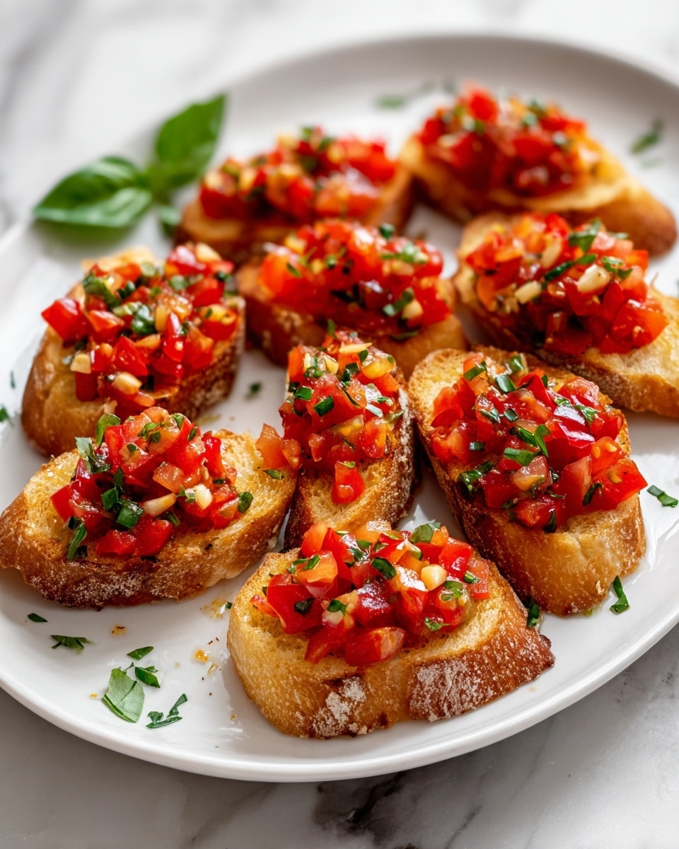 Several slices of toasted bread form the base layer, showing a golden-brown crisp texture with slight charring on the edges. Each slice is topped evenly with a bright red tomato mixture, made of diced tomatoes that look juicy and fresh, mixed with small bits of white garlic and green basil leaves scattered throughout. The dish is served on a round white plate placed on a white marbled surface, and a few small basil leaves are scattered around the bread for decoration. photo taken with an iphone --ar 4:5 --v 7