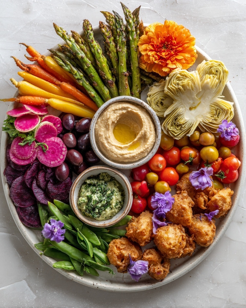 A large white plate is filled with colorful fresh vegetables and dips arranged in layers. On one side, there are bright orange and purple carrots, green peas in their pods, and shiny dark purple olives. Next to them are small red, orange, and yellow cherry tomatoes. At the center of the plate, two white bowls hold creamy dips; one is a light green dip with a smooth texture, and the other is a beige hummus with a small pool of olive oil in the middle. On top of the bowls and plate, there are crispy fried green vegetable sticks and pale yellow artichoke hearts. Around the edge of the plate, there are fresh radishes with green leafy tops and some purple flowers adding a delicate touch. The plate sits on a rustic wooden surface. Photo taken with an iphone --ar 4:5 --v 7