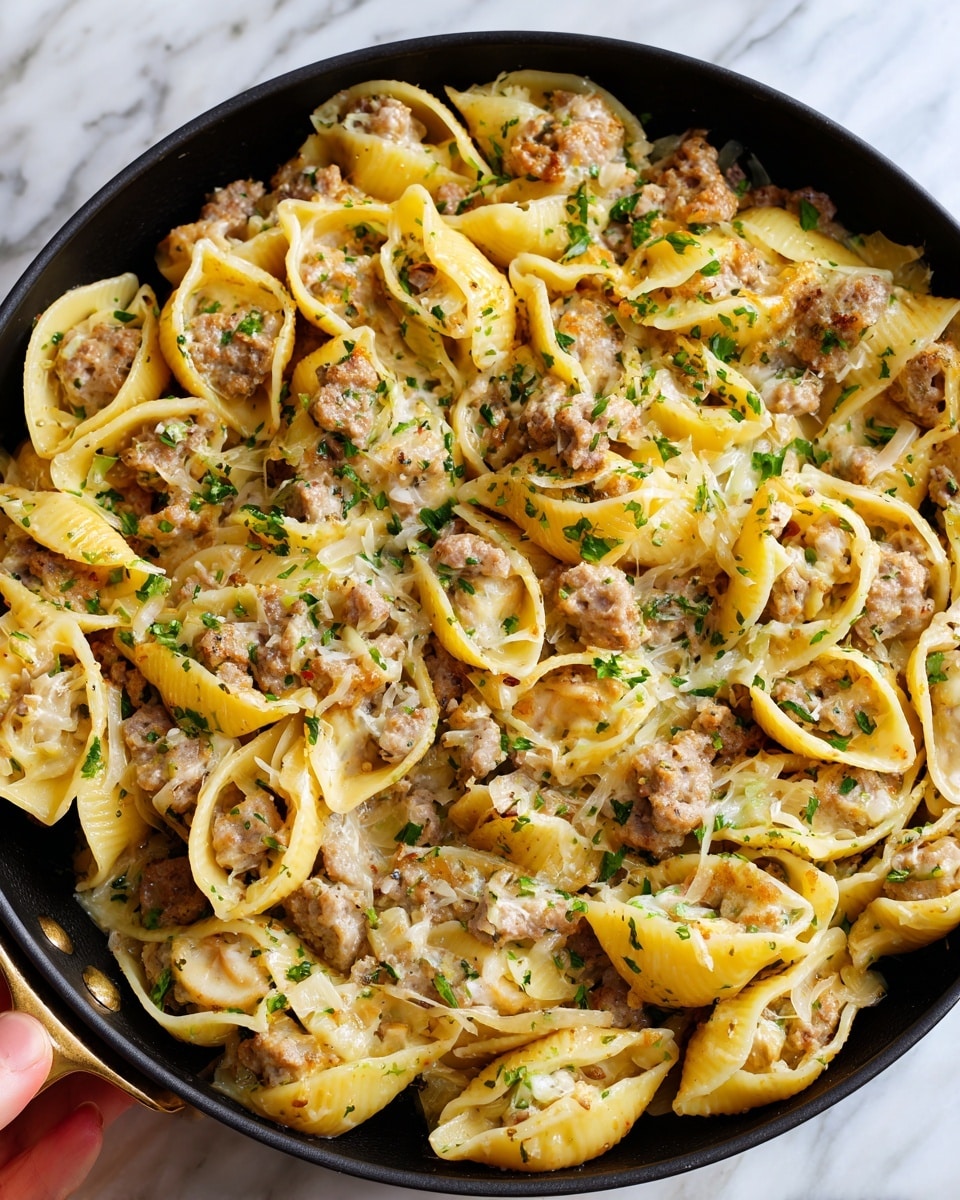 A white bowl filled with about two layers of small shell-shaped pasta coated in a thick orange sauce. Mixed in with the pasta is browned ground meat in small chunks, adding a rough texture. Small bits of green herbs are scattered on top and mixed in, giving a fresh contrast. The background shows a white marbled surface, and the photo is closely focused on the pasta and meat mix, showing the glossy texture of the sauce. photo taken with an iphone --ar 4:5 --v 7